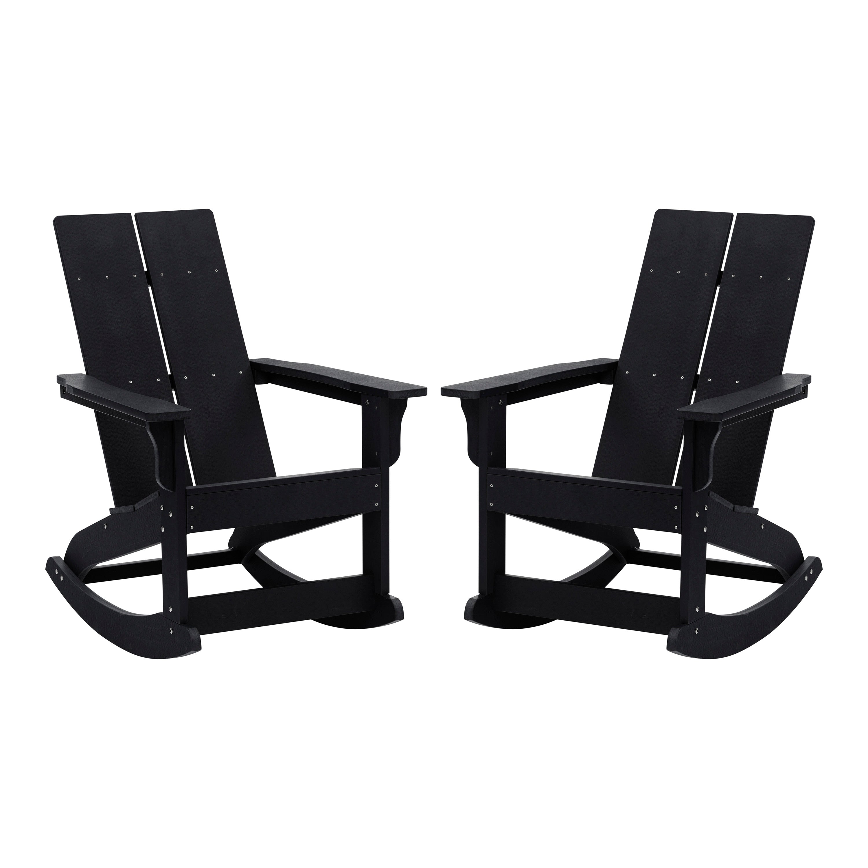 Finn Modern Commercial Grade All-Weather 2-Slat Poly Resin Rocking Adirondack Chair with Rust Resistant Stainless Steel Hardware in Black - Set of2
