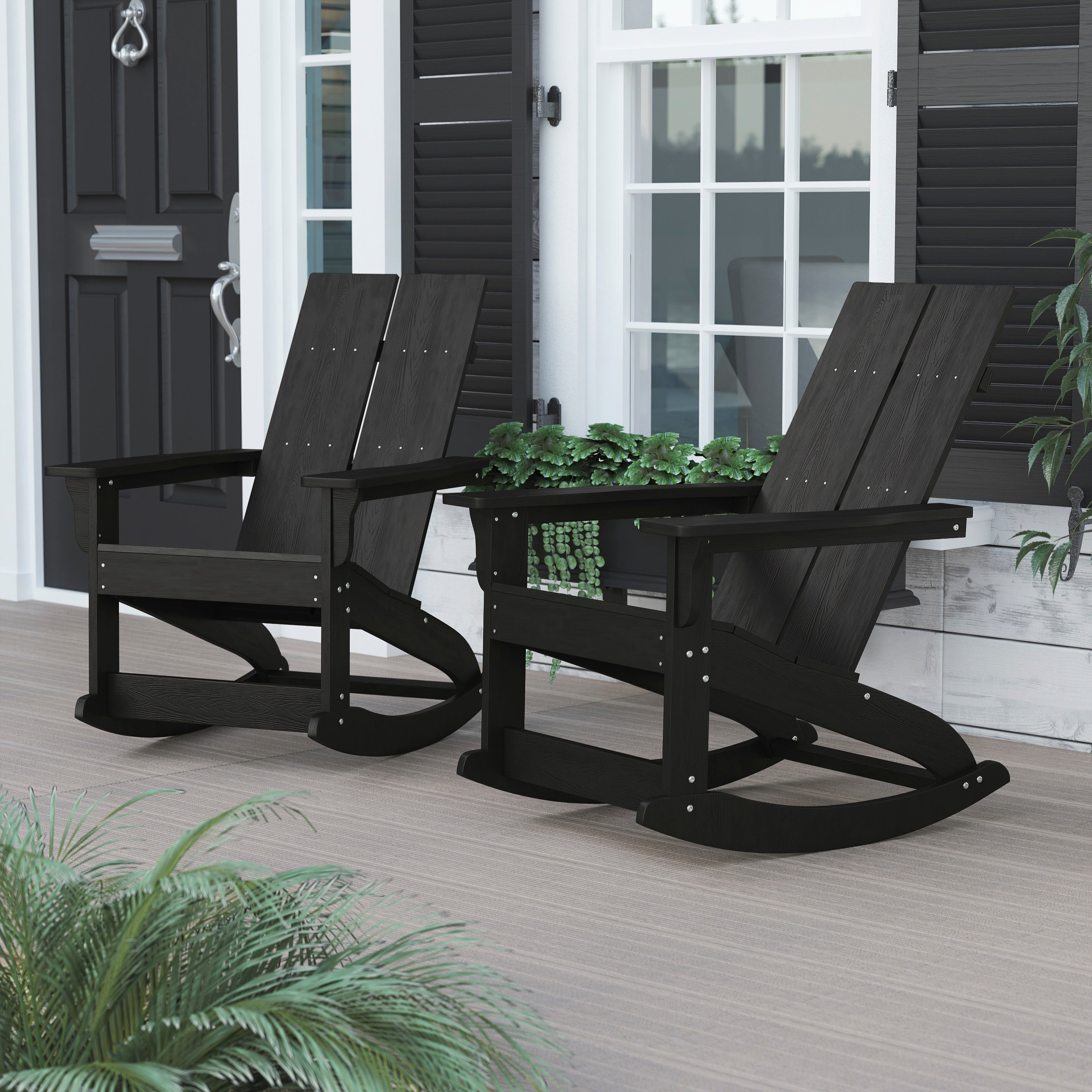 Finn Modern Commercial Grade All-Weather 2-Slat Poly Resin Rocking Adirondack Chair with Rust Resistant Stainless Steel Hardware in Black - Set of2