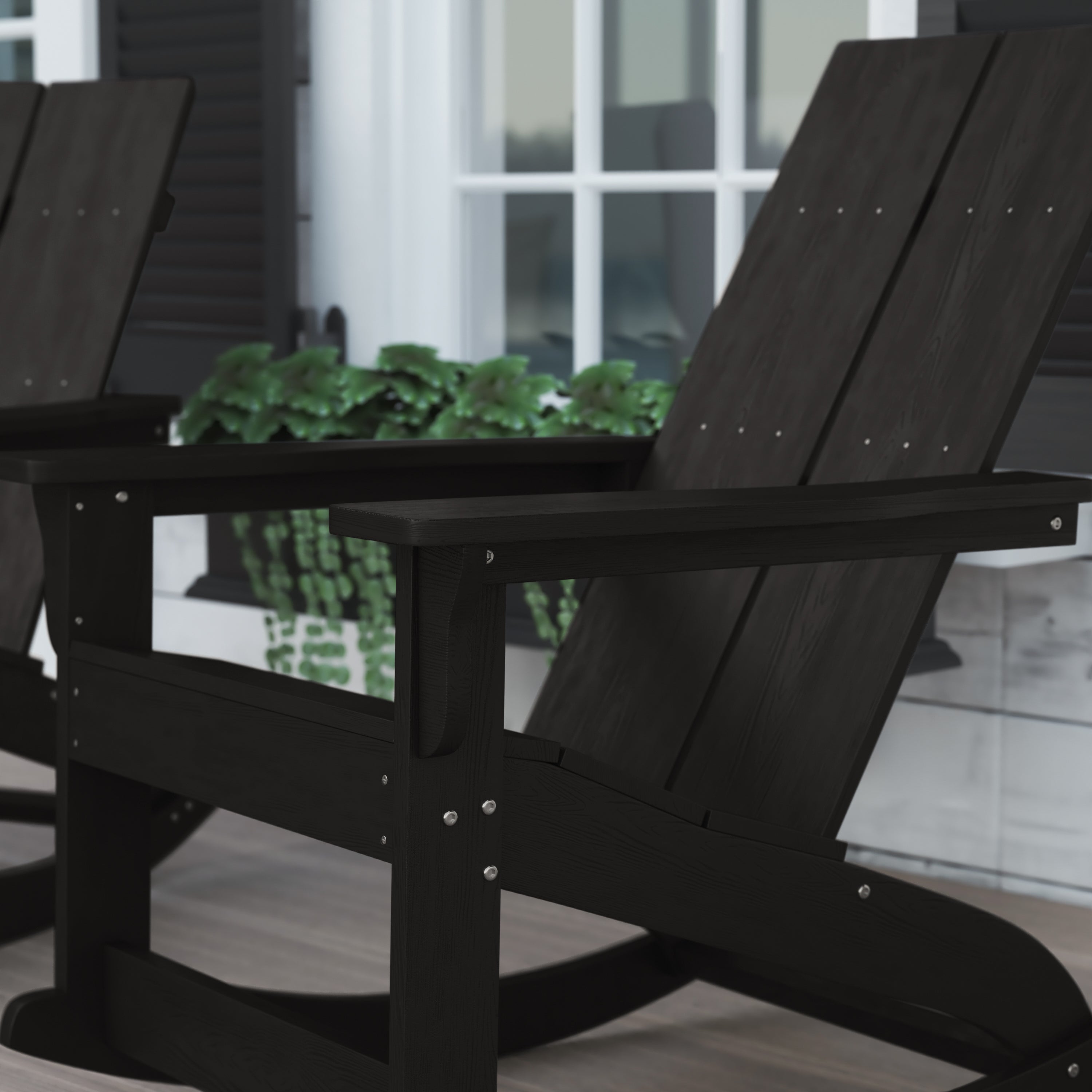 Finn Modern Commercial Grade All-Weather 2-Slat Poly Resin Rocking Adirondack Chair with Rust Resistant Stainless Steel Hardware in Black - Set of2