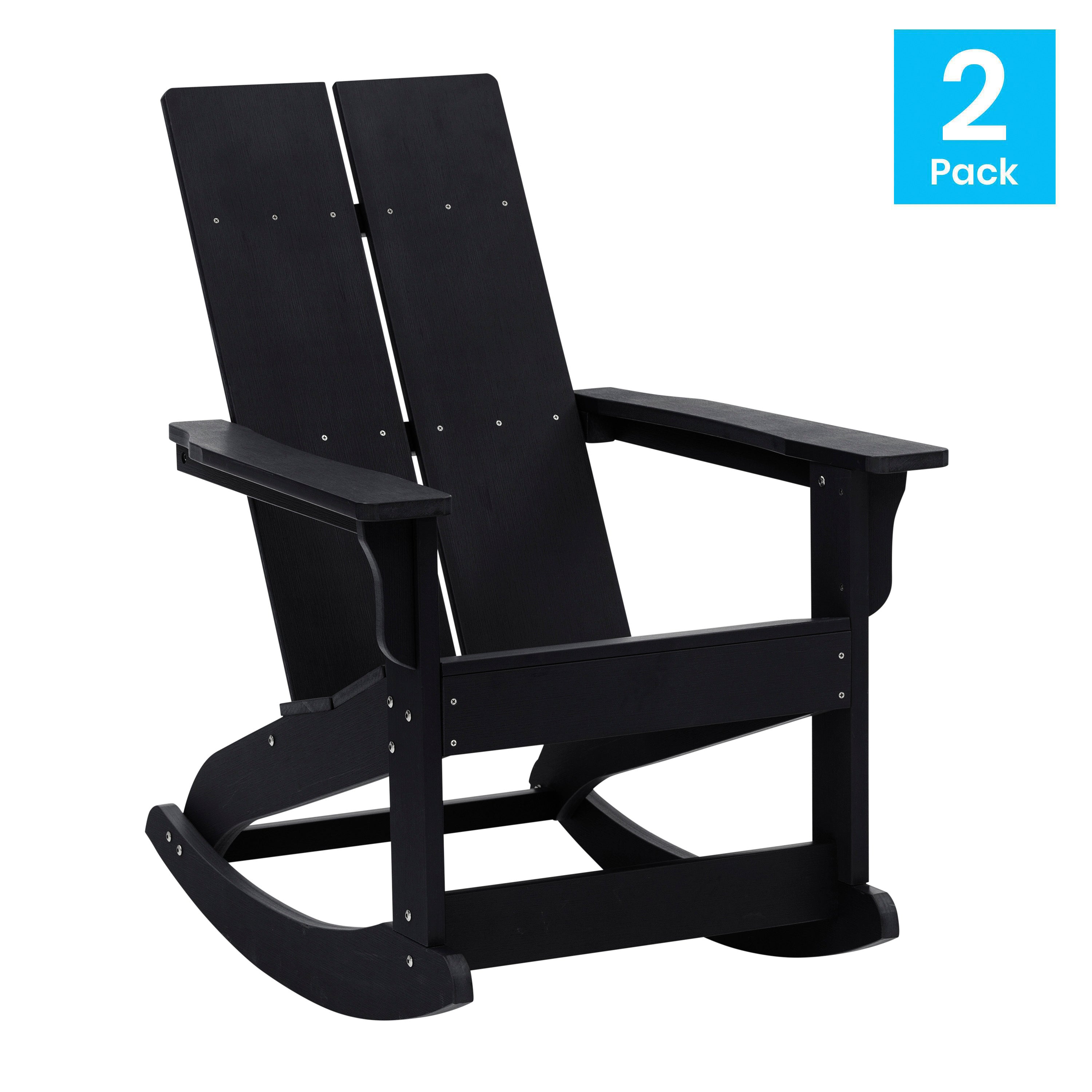 Finn Modern Commercial Grade All-Weather 2-Slat Poly Resin Rocking Adirondack Chair with Rust Resistant Stainless Steel Hardware in Black - Set of2