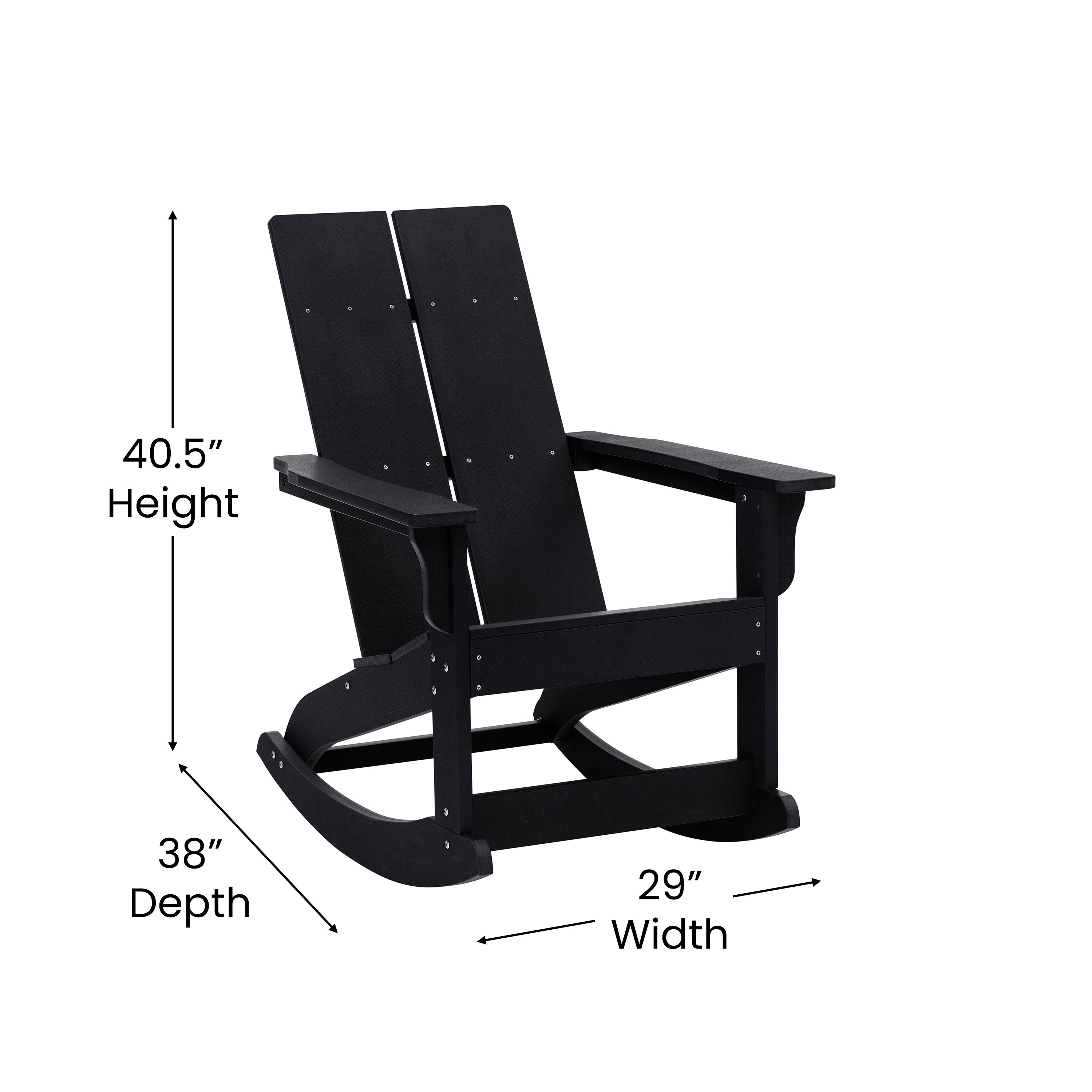 Finn Modern Commercial Grade All-Weather 2-Slat Poly Resin Wood Rocking Adirondack Chair with Rust Resistant Stainless Steel Hardware in Black