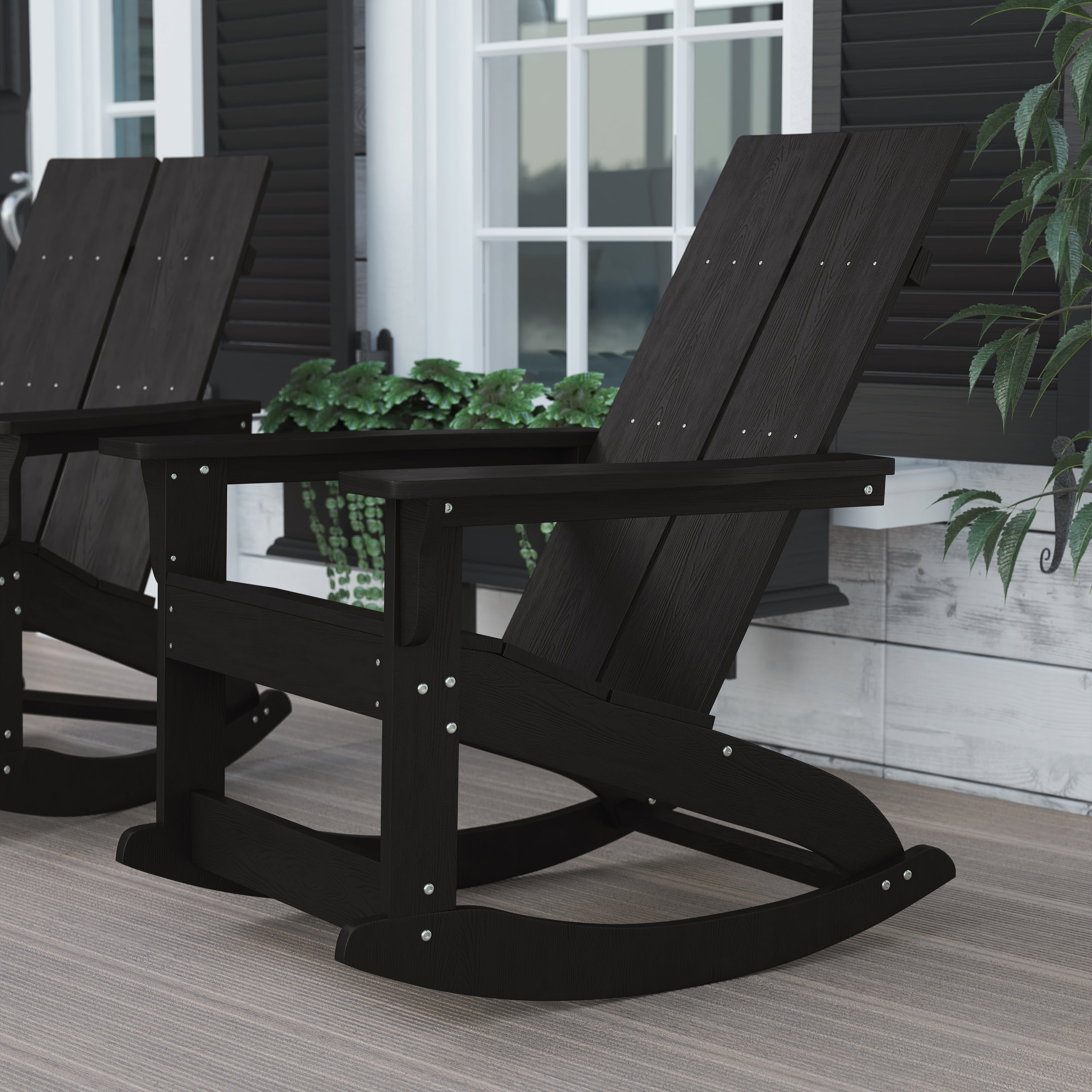 Finn Modern Commercial Grade All-Weather 2-Slat Poly Resin Wood Rocking Adirondack Chair with Rust Resistant Stainless Steel Hardware in Black