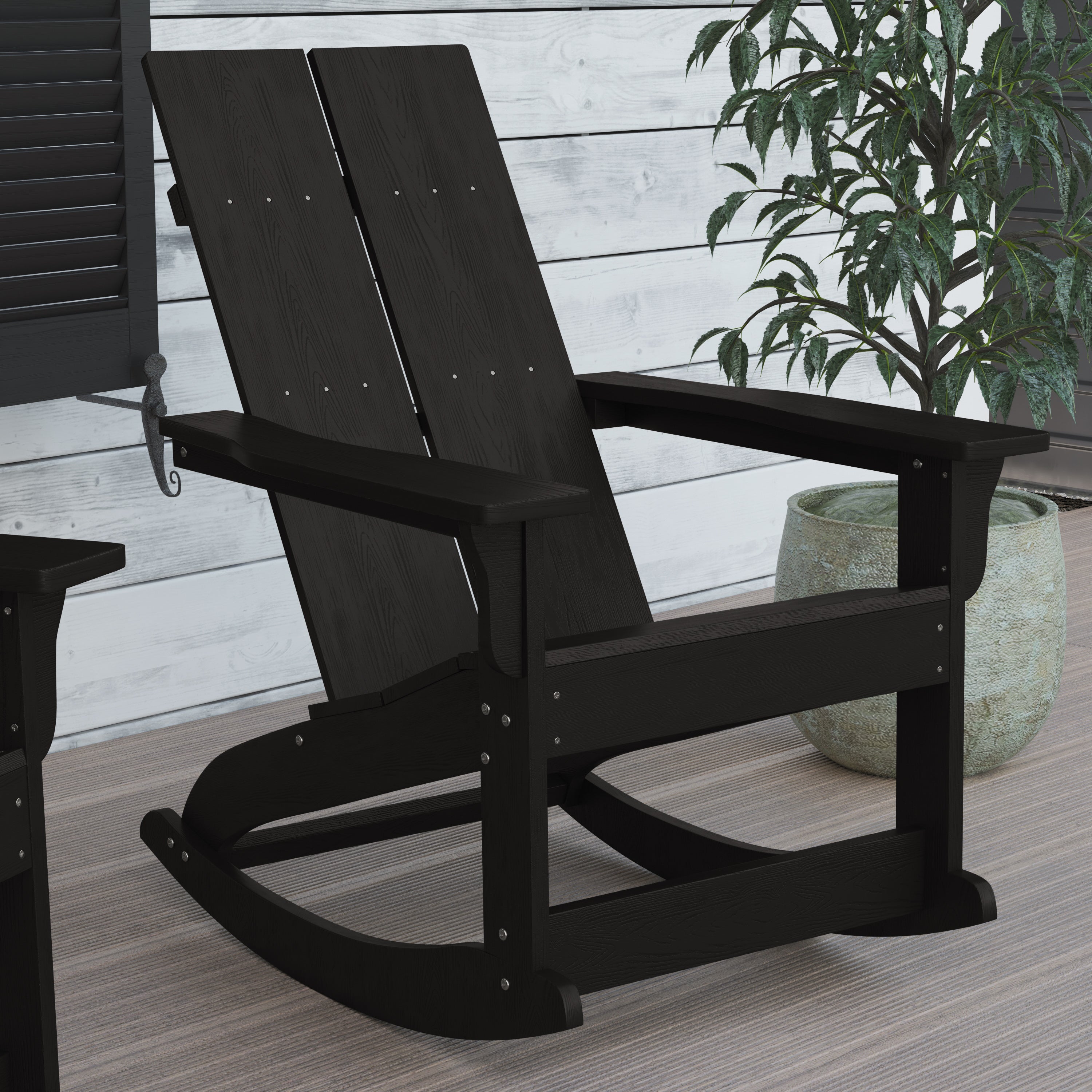 Finn Modern Commercial Grade All-Weather 2-Slat Poly Resin Wood Rocking Adirondack Chair with Rust Resistant Stainless Steel Hardware in Black
