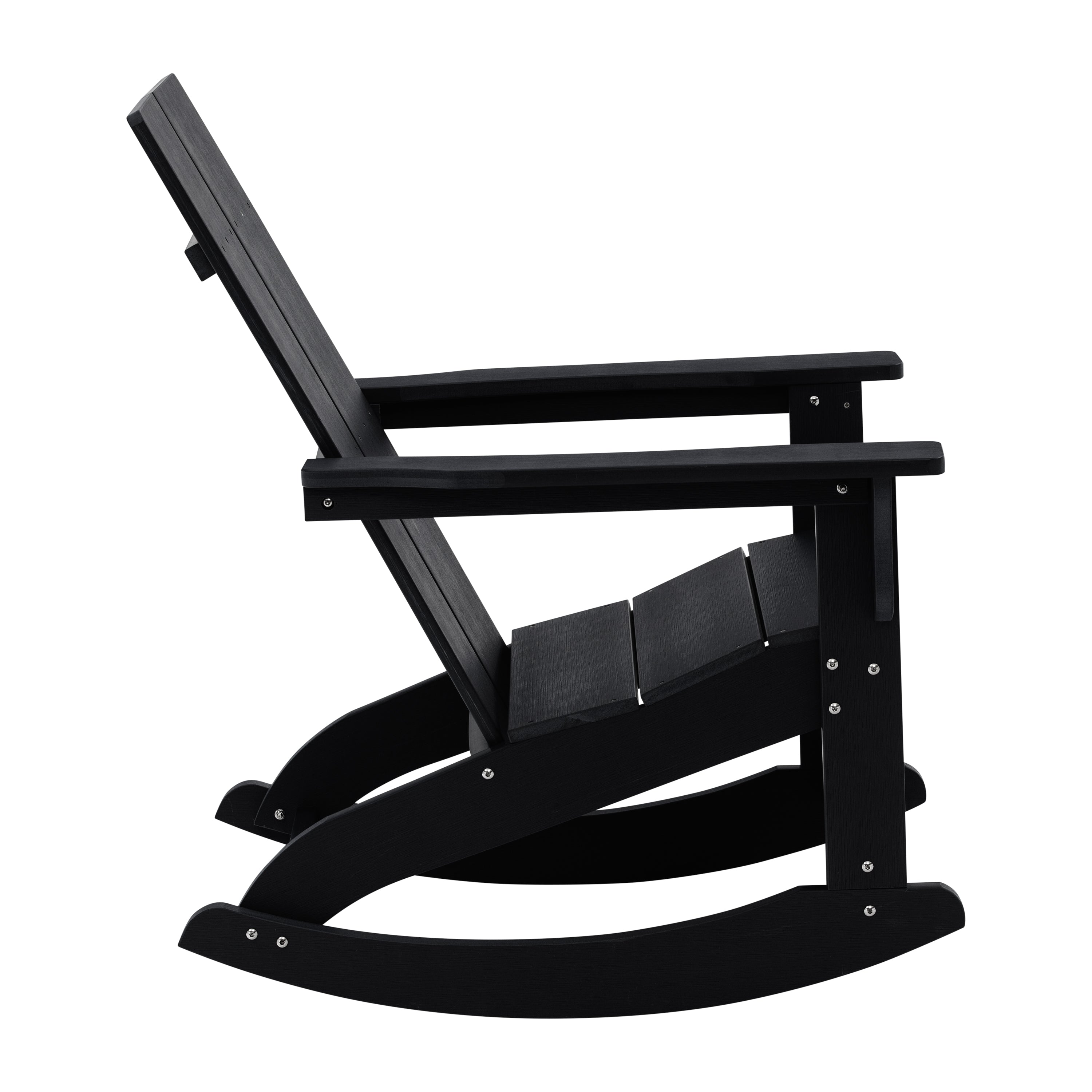 Finn Modern Commercial Grade All-Weather 2-Slat Poly Resin Wood Rocking Adirondack Chair with Rust Resistant Stainless Steel Hardware in Black