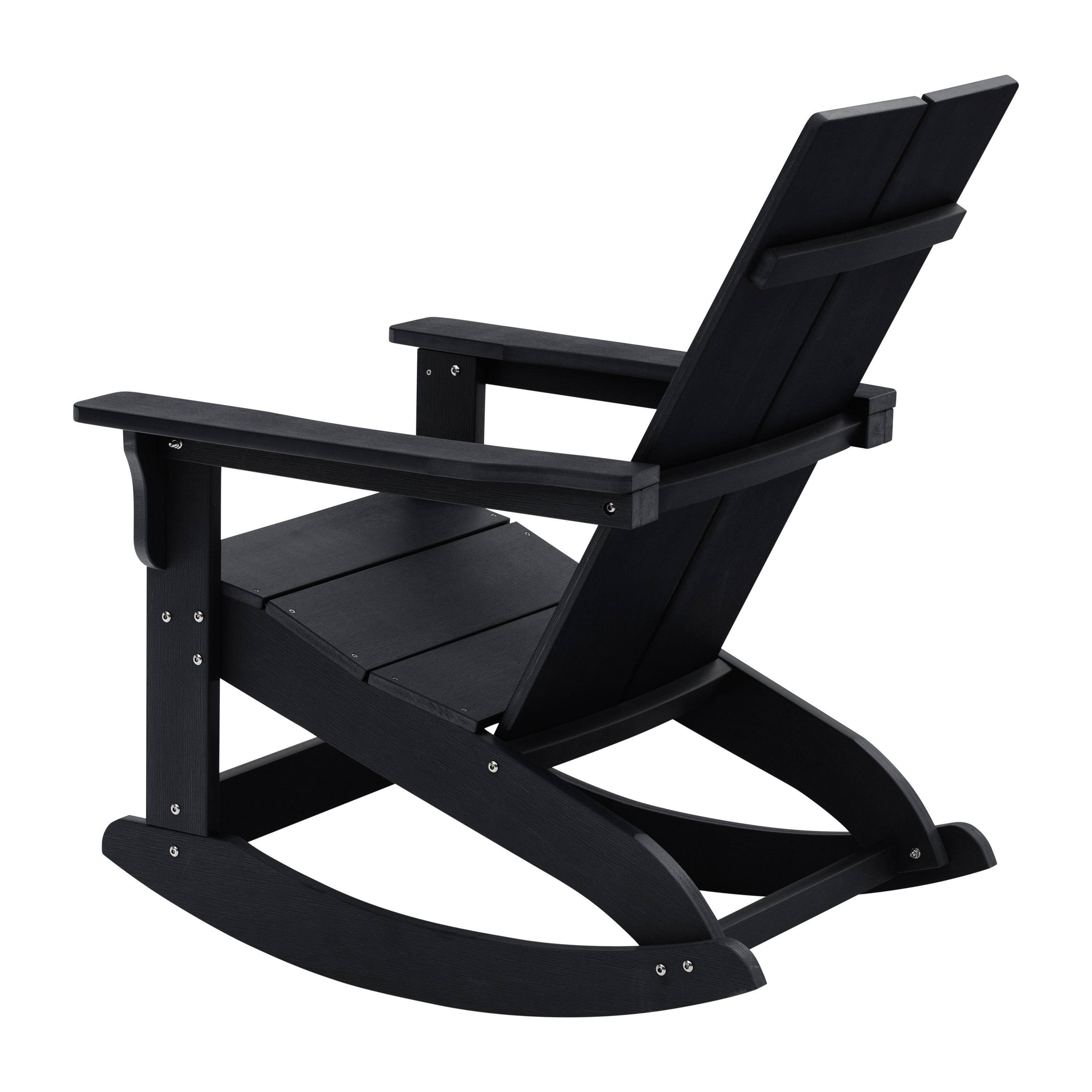 Finn Modern Commercial Grade All-Weather 2-Slat Poly Resin Wood Rocking Adirondack Chair with Rust Resistant Stainless Steel Hardware in Black