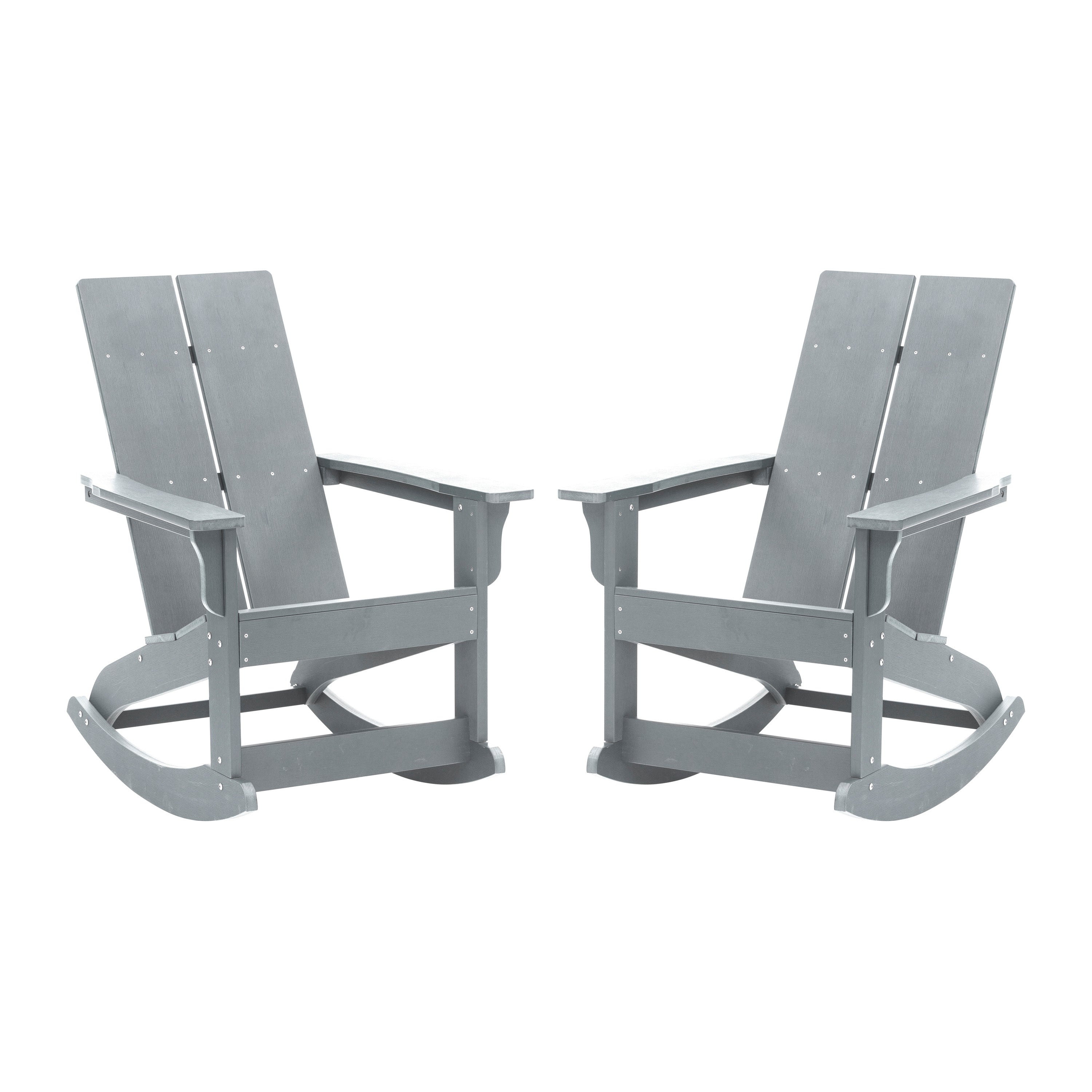 Finn Modern Commercial Grade All-Weather 2-Slat Poly Resin Rocking Adirondack Chair with Rust Resistant Stainless Steel Hardware in Gray - Set of2