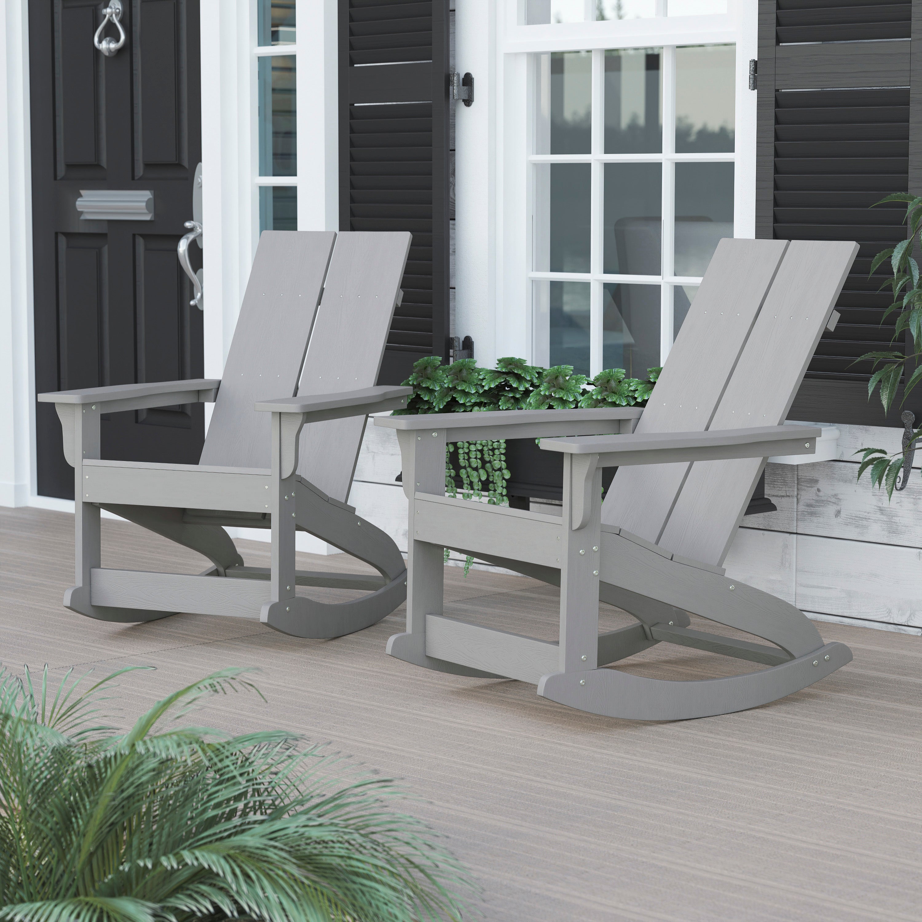 Finn Modern Commercial Grade All-Weather 2-Slat Poly Resin Rocking Adirondack Chair with Rust Resistant Stainless Steel Hardware in Gray - Set of2