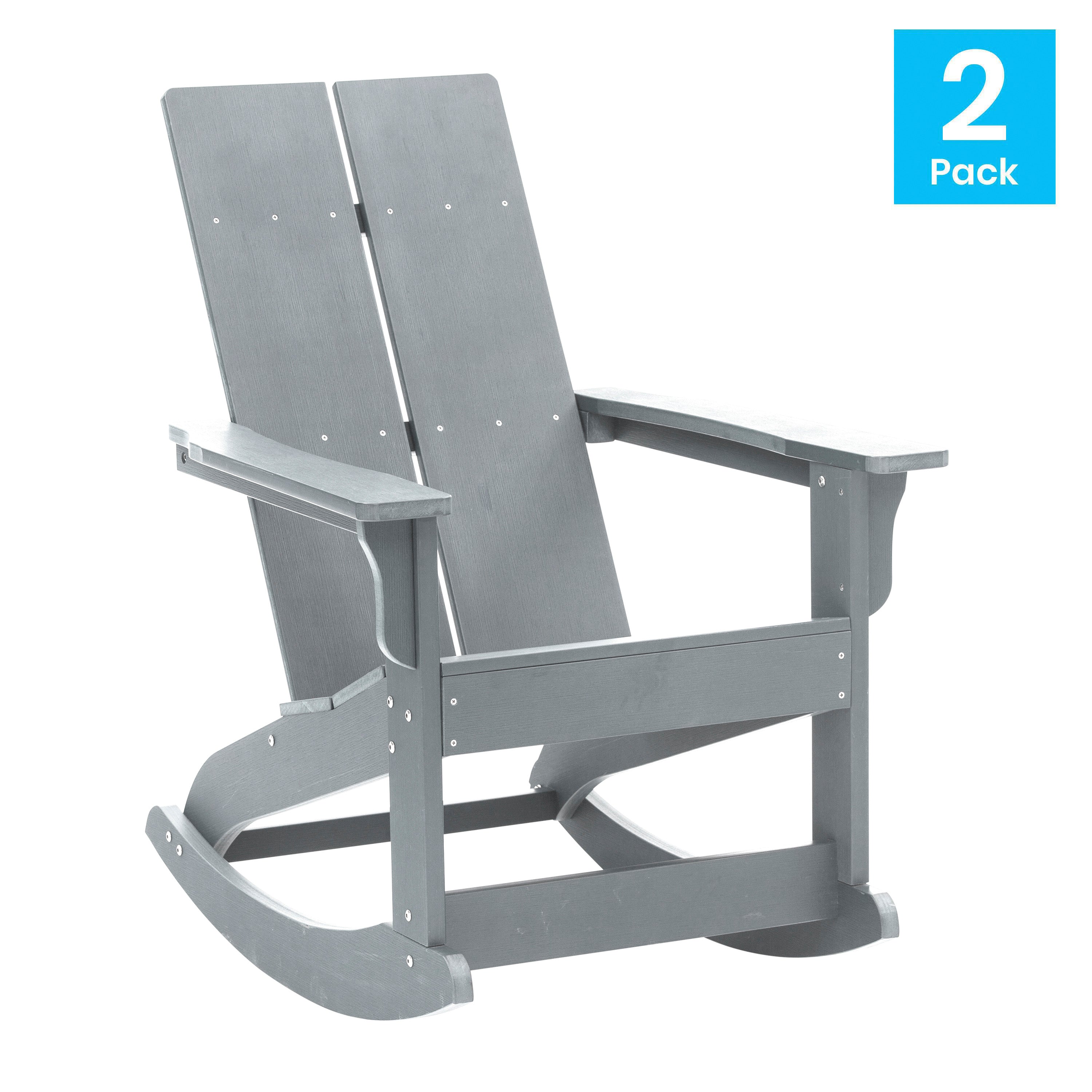 Finn Modern Commercial Grade All-Weather 2-Slat Poly Resin Rocking Adirondack Chair with Rust Resistant Stainless Steel Hardware in Gray - Set of2