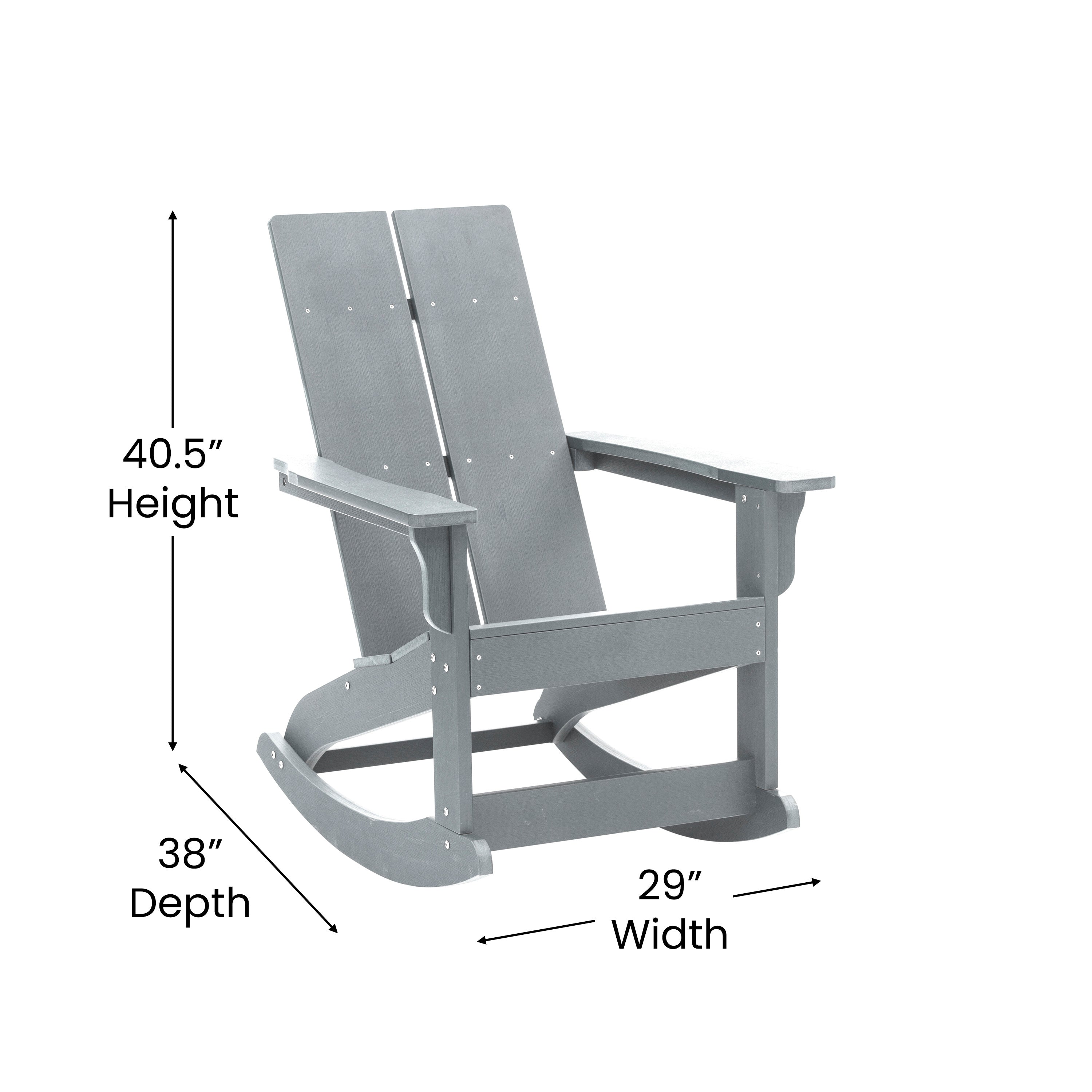 Finn Modern Commercial Grade All-Weather 2-Slat Poly Resin Wood Rocking Adirondack Chair with Rust Resistant Stainless Steel Hardware in Gray