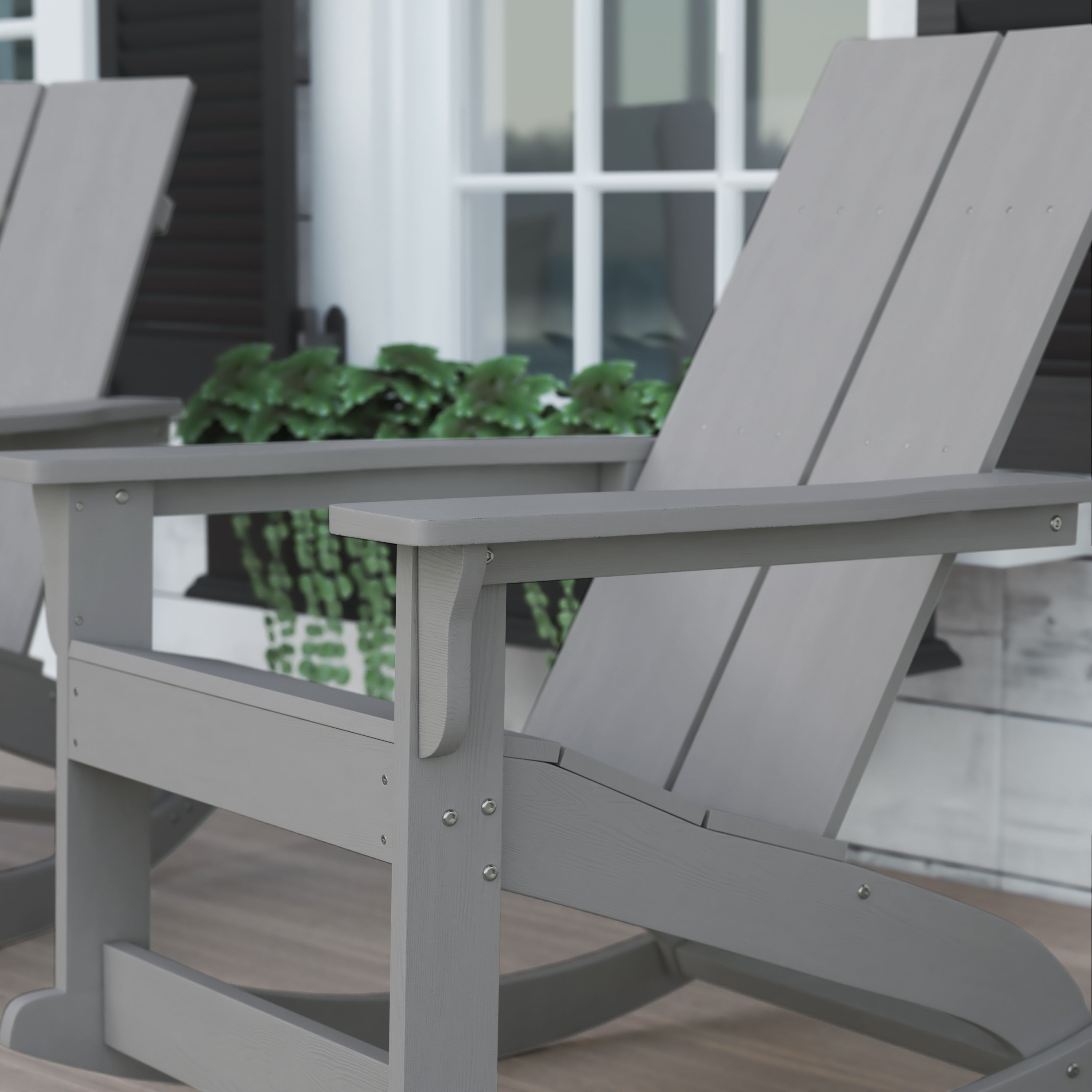 Finn Modern Commercial Grade All-Weather 2-Slat Poly Resin Wood Rocking Adirondack Chair with Rust Resistant Stainless Steel Hardware in Gray