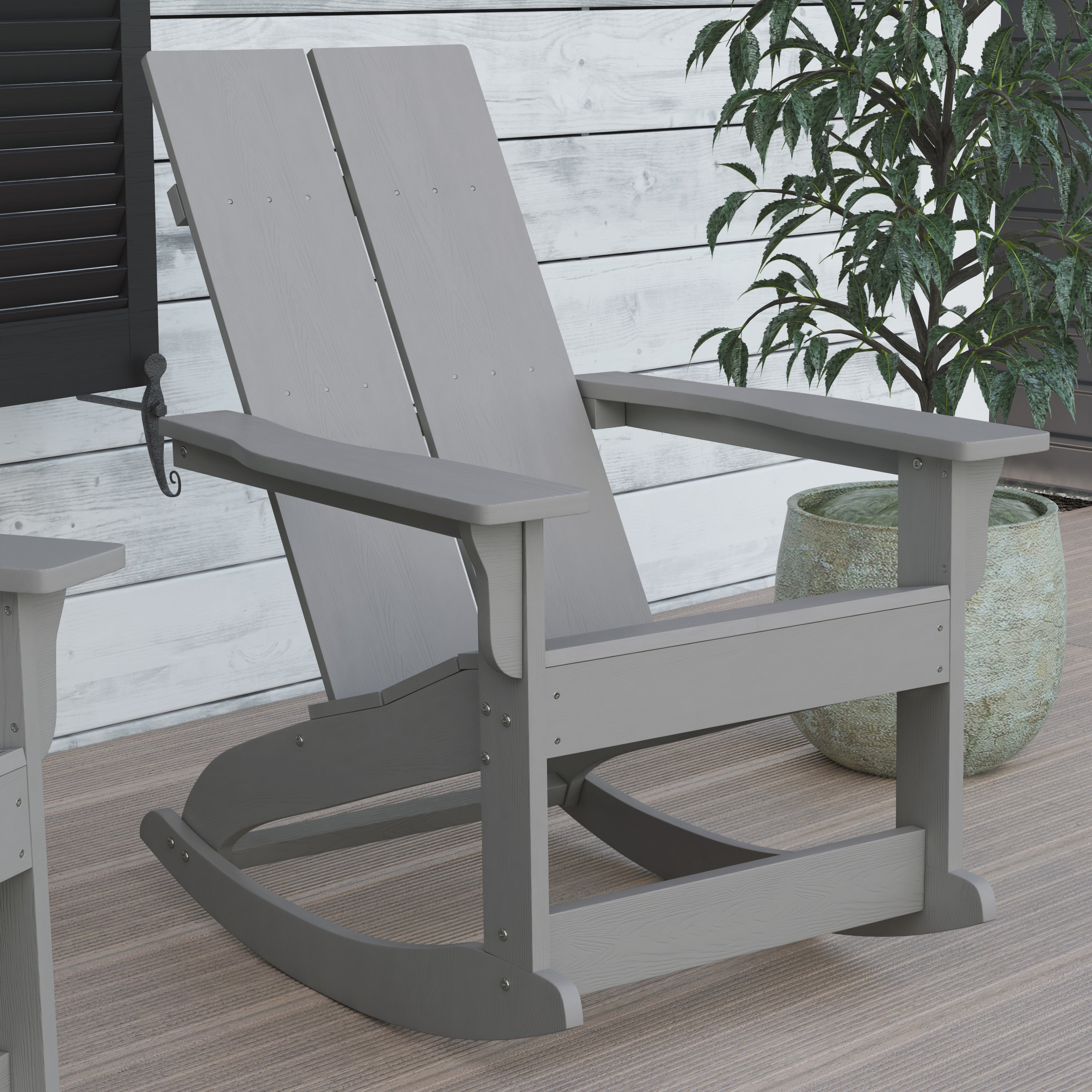 Finn Modern Commercial Grade All-Weather 2-Slat Poly Resin Wood Rocking Adirondack Chair with Rust Resistant Stainless Steel Hardware in Gray