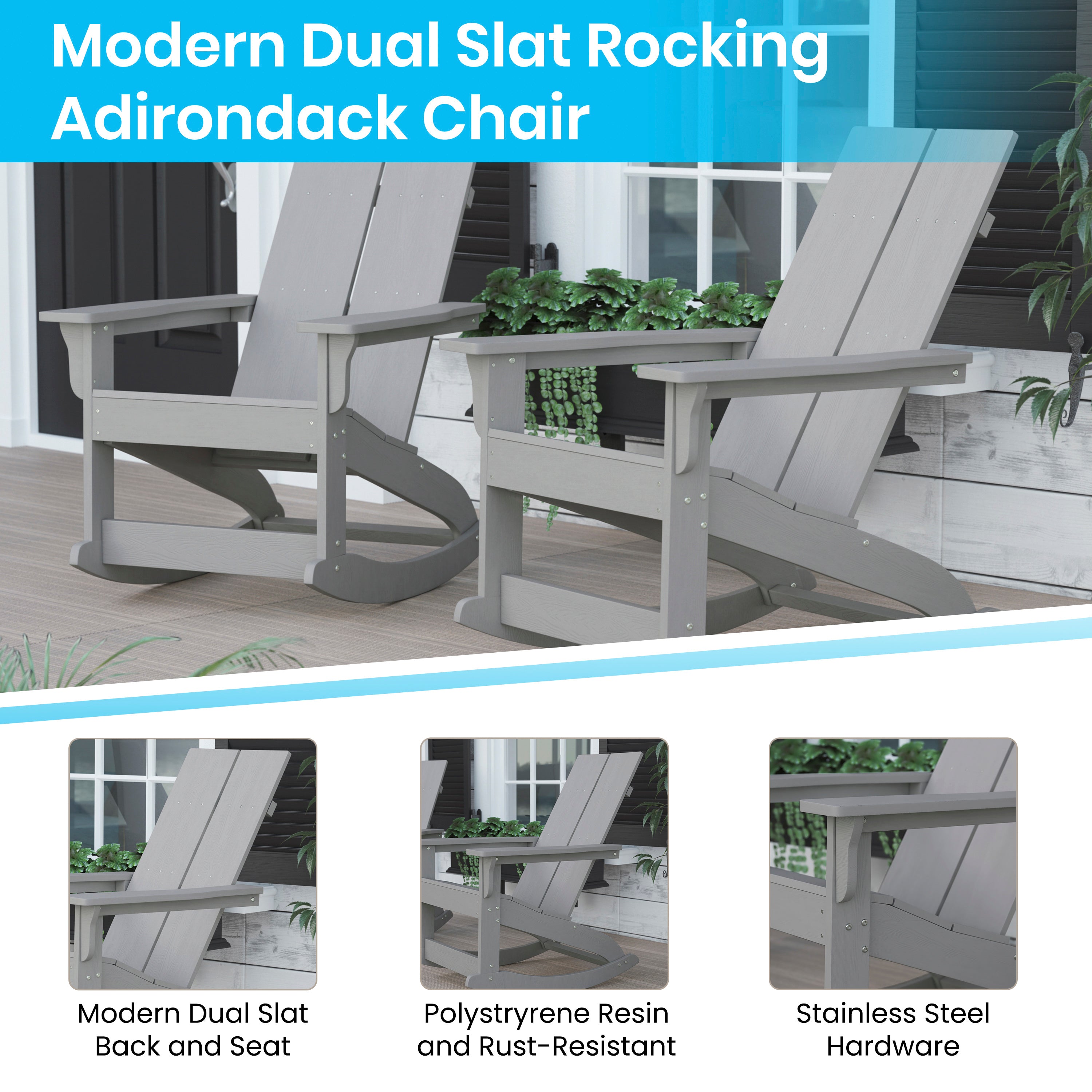 Finn Modern Commercial Grade All-Weather 2-Slat Poly Resin Wood Rocking Adirondack Chair with Rust Resistant Stainless Steel Hardware in Gray