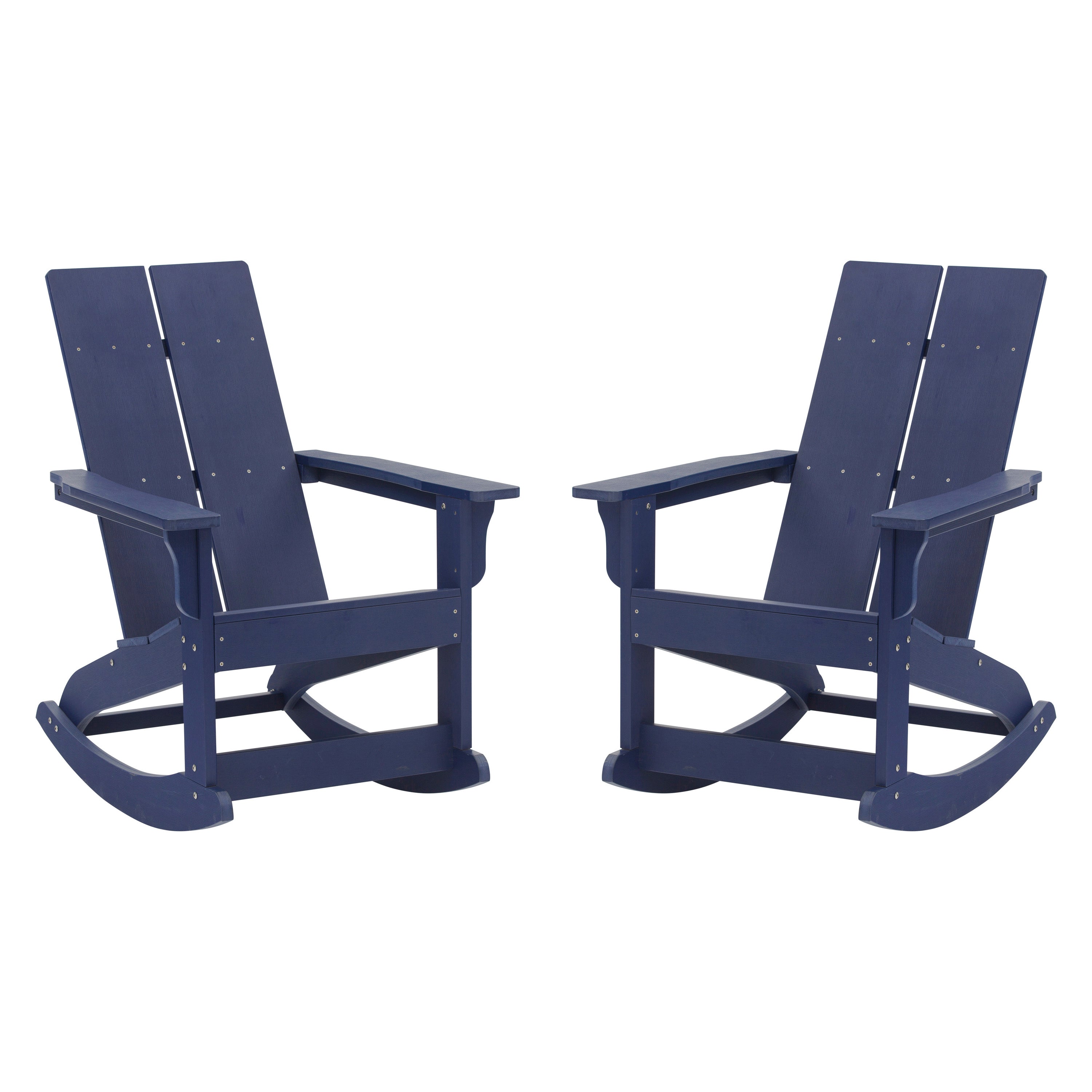 Finn Modern Commercial Grade All-Weather 2-Slat Poly Resin Rocking Adirondack Chair with Rust Resistant Stainless Steel Hardware in Navy - Set of2