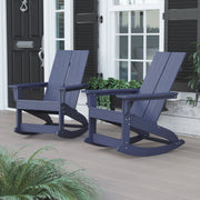 Finn Modern Commercial Grade All-Weather 2-Slat Poly Resin Rocking Adirondack Chair with Rust Resistant Stainless Steel Hardware in Navy - Set of2