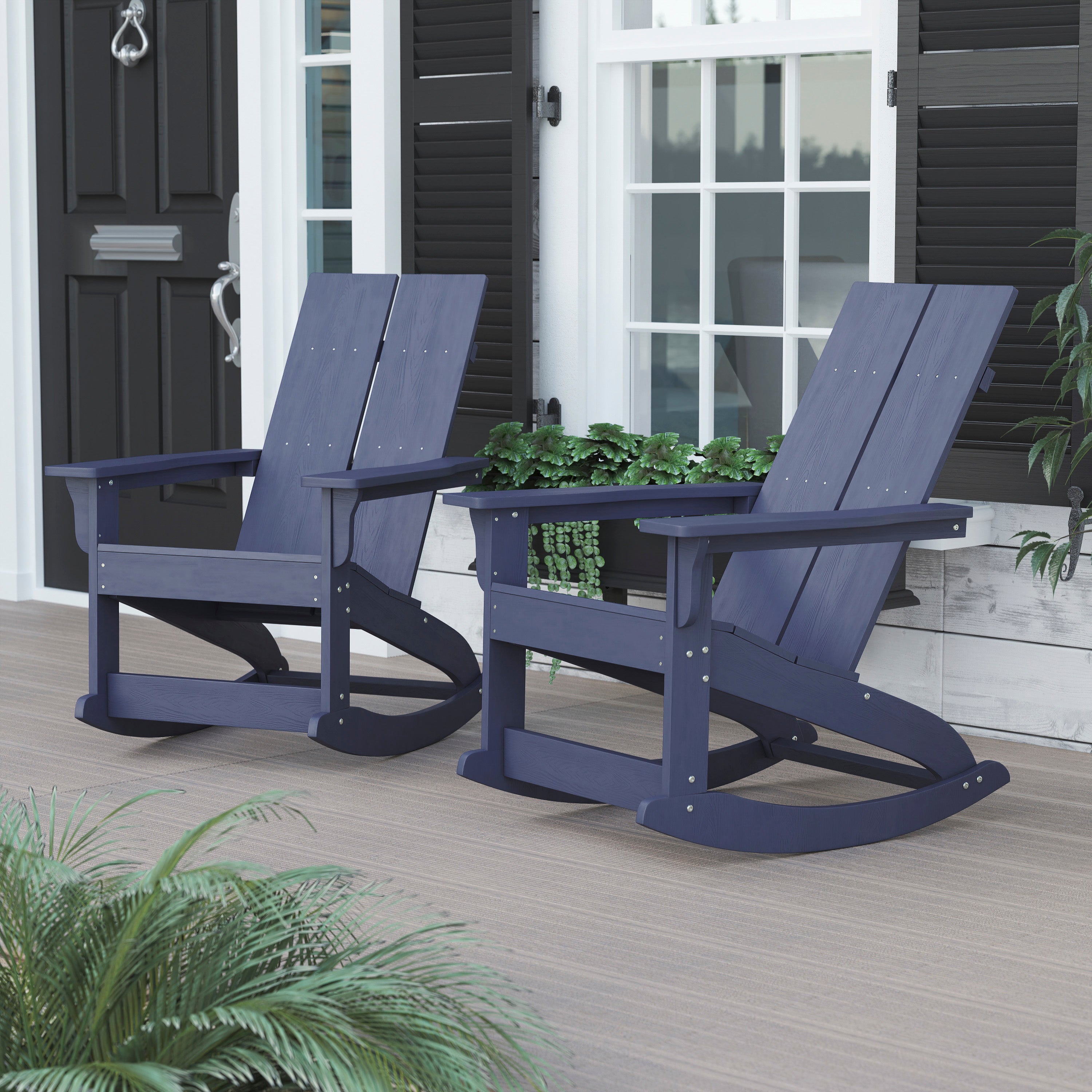 Finn Modern Commercial Grade All-Weather 2-Slat Poly Resin Rocking Adirondack Chair with Rust Resistant Stainless Steel Hardware in Navy - Set of2