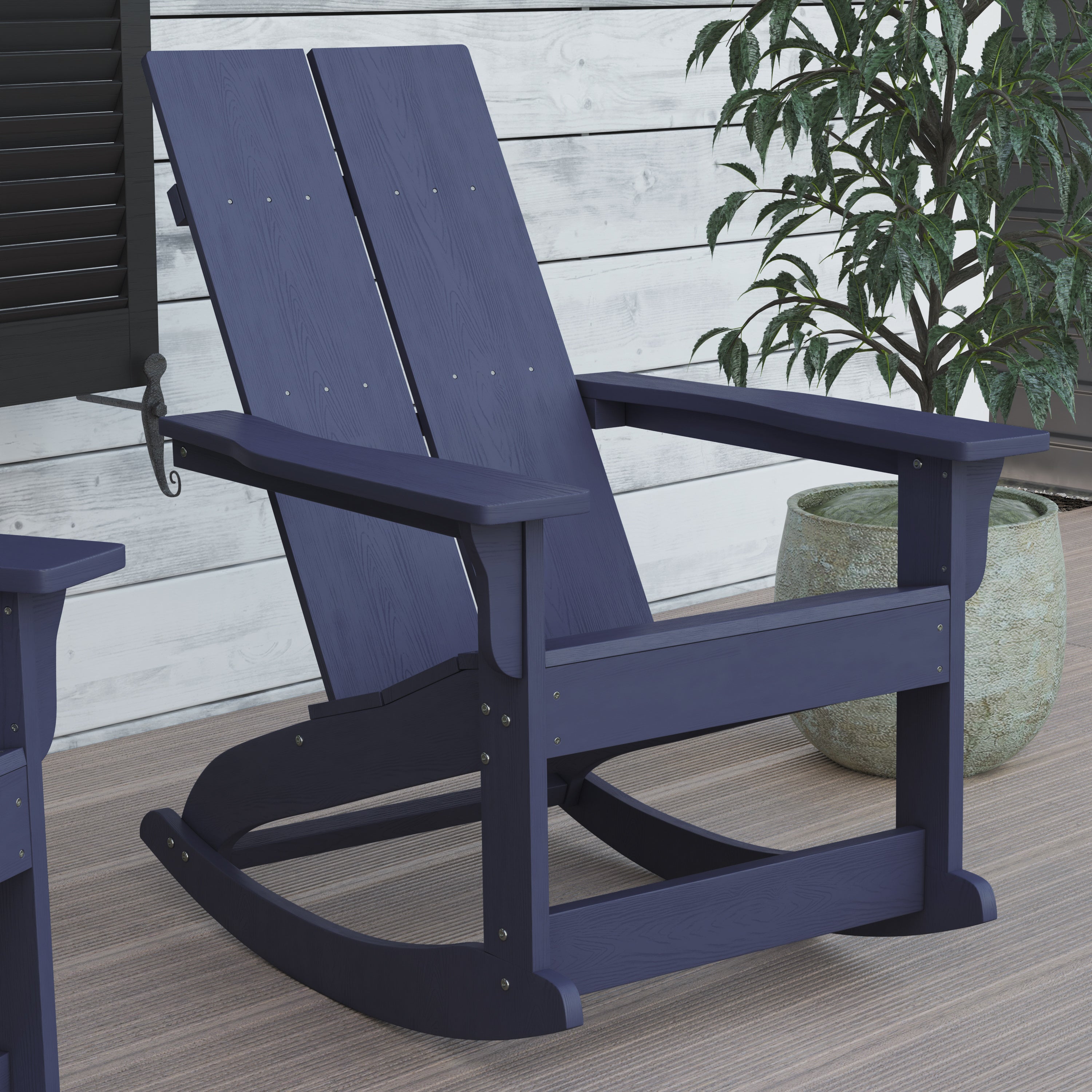 Finn Modern Commercial Grade All-Weather 2-Slat Poly Resin Rocking Adirondack Chair with Rust Resistant Stainless Steel Hardware in Navy - Set of2