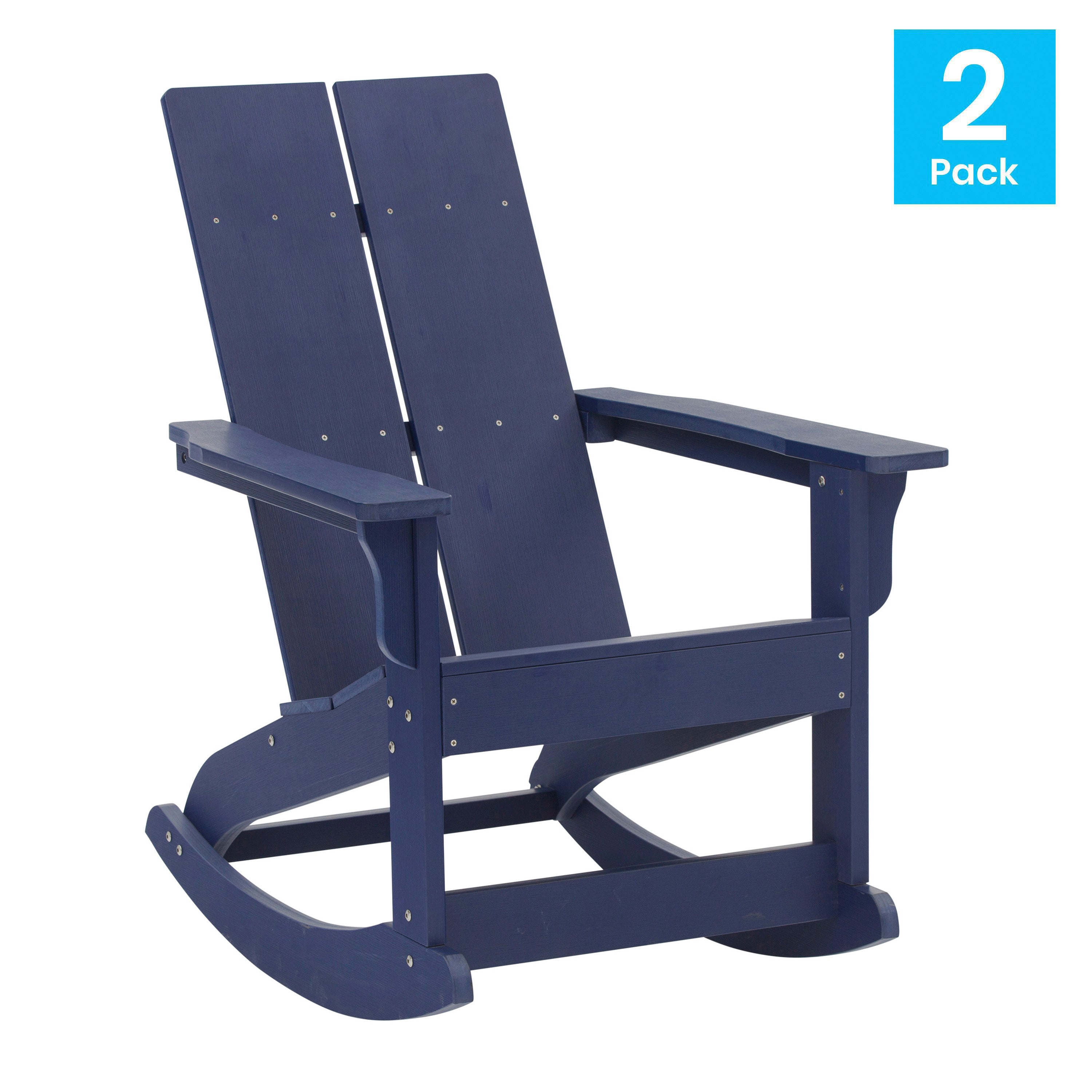Finn Modern Commercial Grade All-Weather 2-Slat Poly Resin Rocking Adirondack Chair with Rust Resistant Stainless Steel Hardware in Navy - Set of2