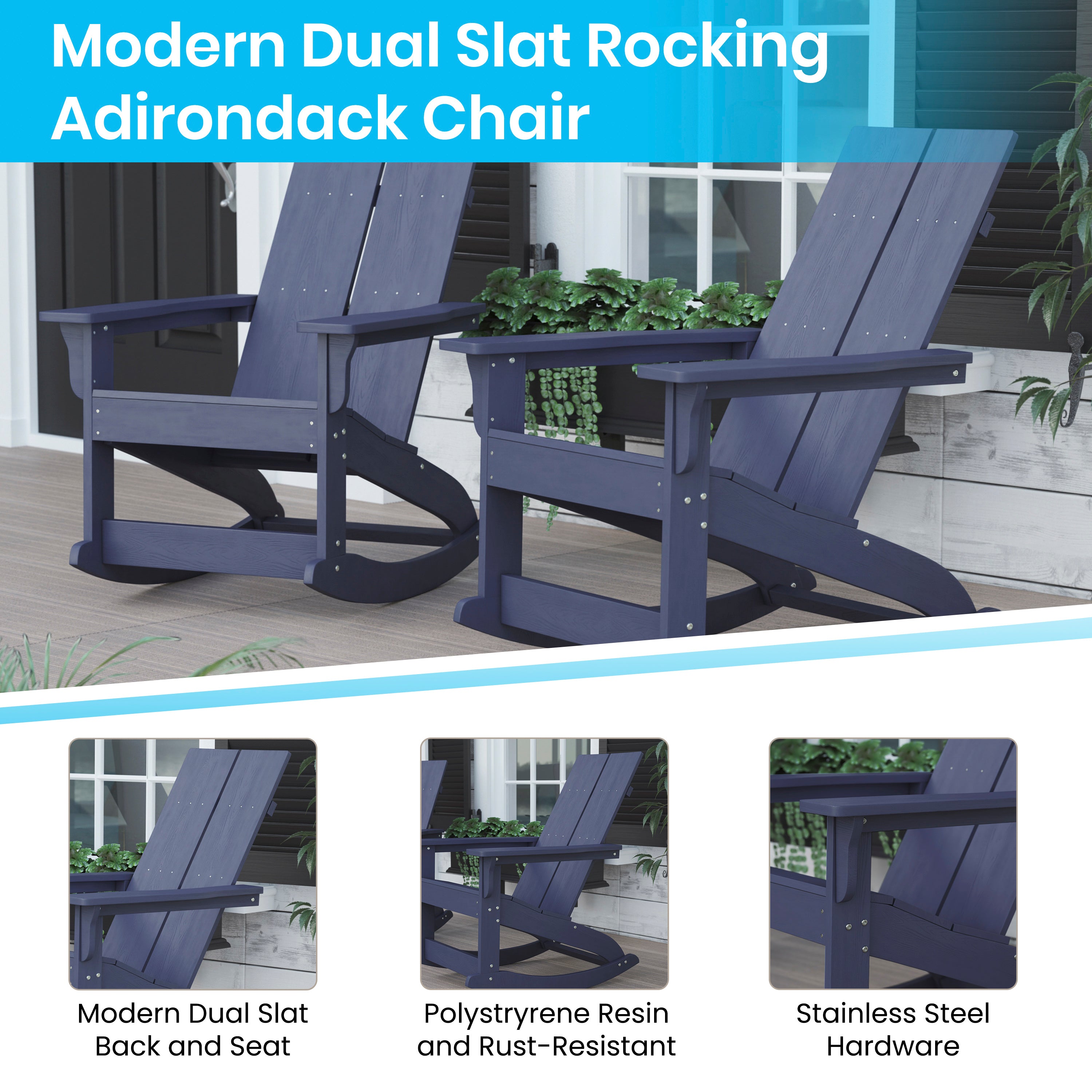 Finn Modern Commercial Grade All-Weather 2-Slat Poly Resin Rocking Adirondack Chair with Rust Resistant Stainless Steel Hardware in Navy - Set of2