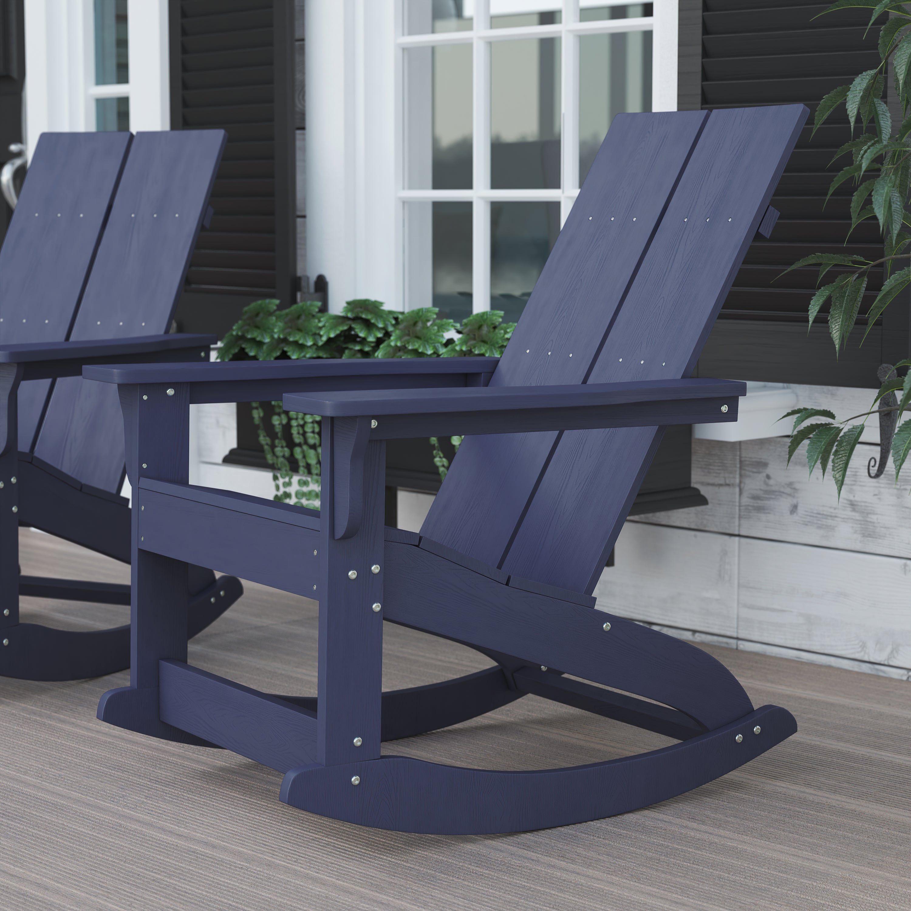 Finn Modern Commercial Grade All-Weather 2-Slat Poly Resin Wood Rocking Adirondack Chair with Rust Resistant Stainless Steel Hardware in Navy