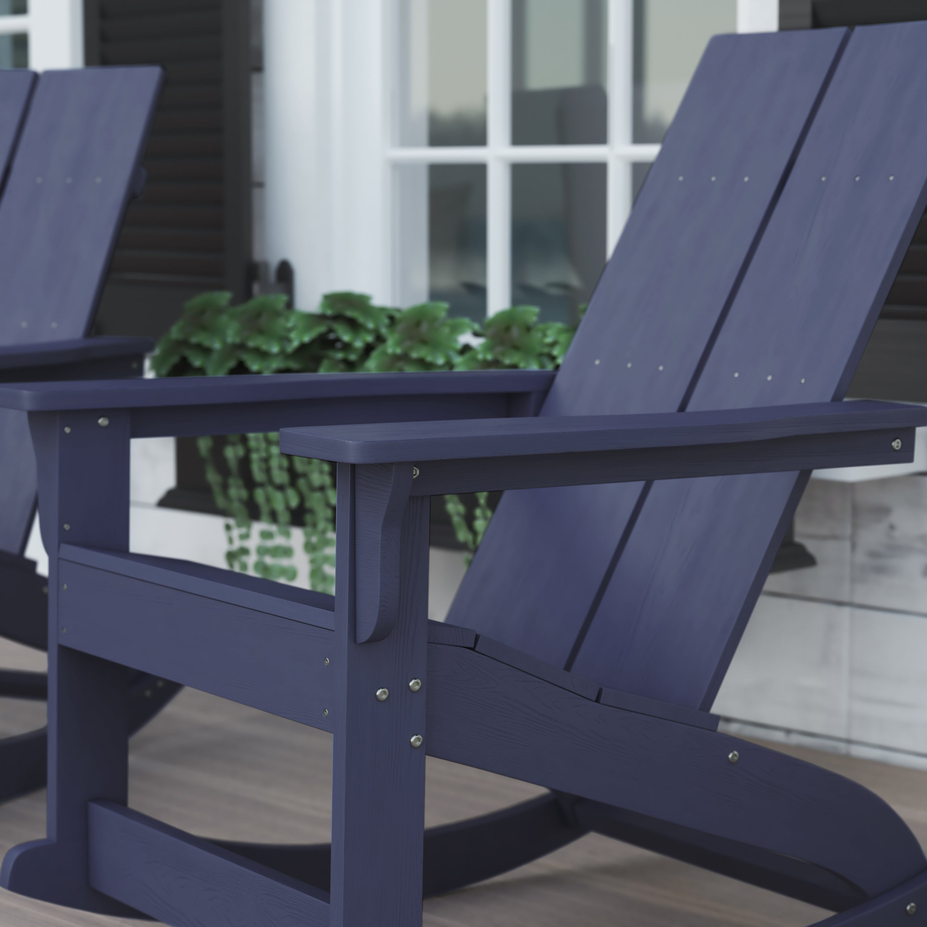 Finn Modern Commercial Grade All-Weather 2-Slat Poly Resin Wood Rocking Adirondack Chair with Rust Resistant Stainless Steel Hardware in Navy