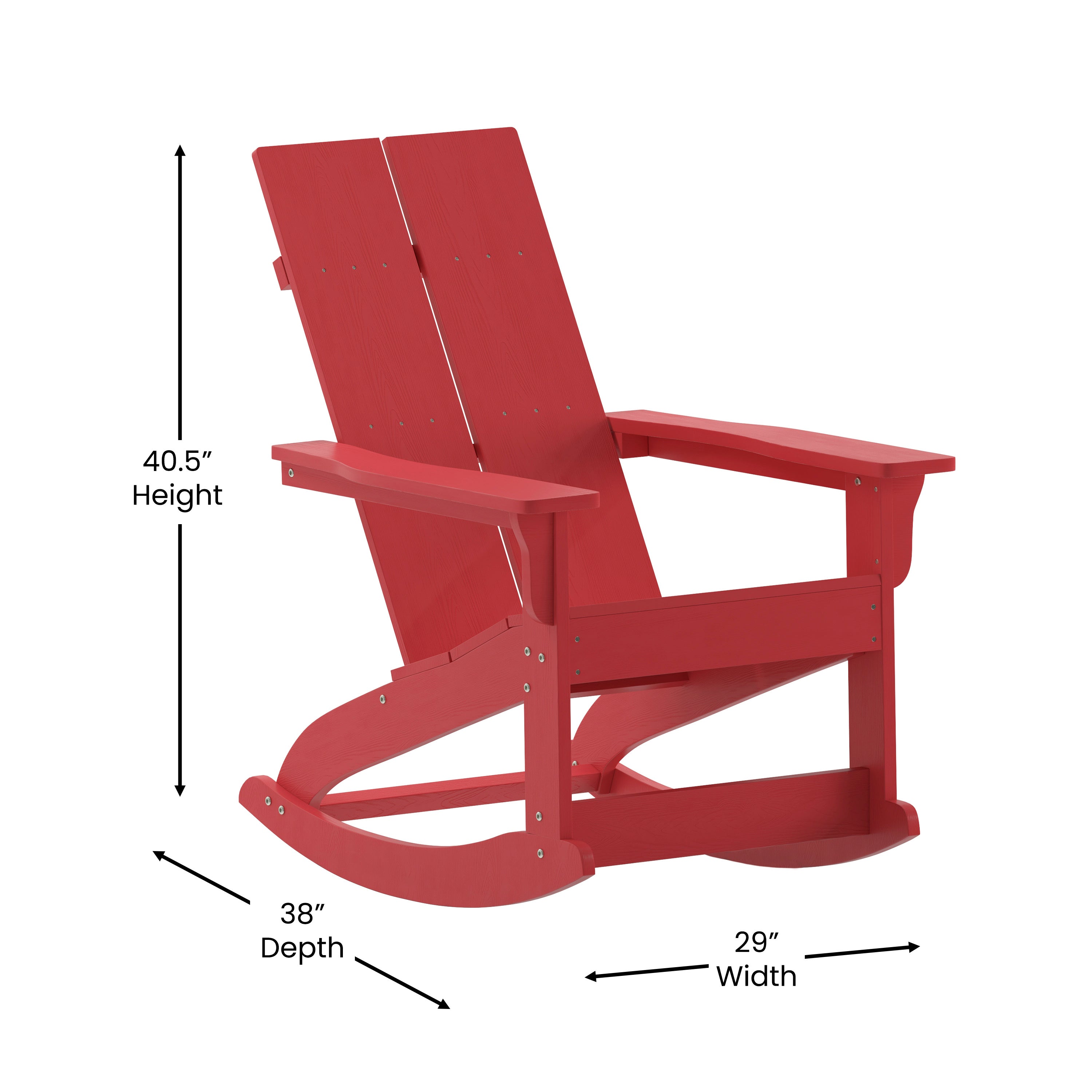 Finn Modern Commercial Poly Resin Wood Adirondack Rocking Chair - All Weather Red Polystyrene - Dual Slat Back - Stainless Steel Hardware - Set of 2