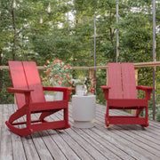 Finn Modern Commercial Poly Resin Wood Adirondack Rocking Chair - All Weather Red Polystyrene - Dual Slat Back - Stainless Steel Hardware - Set of 2