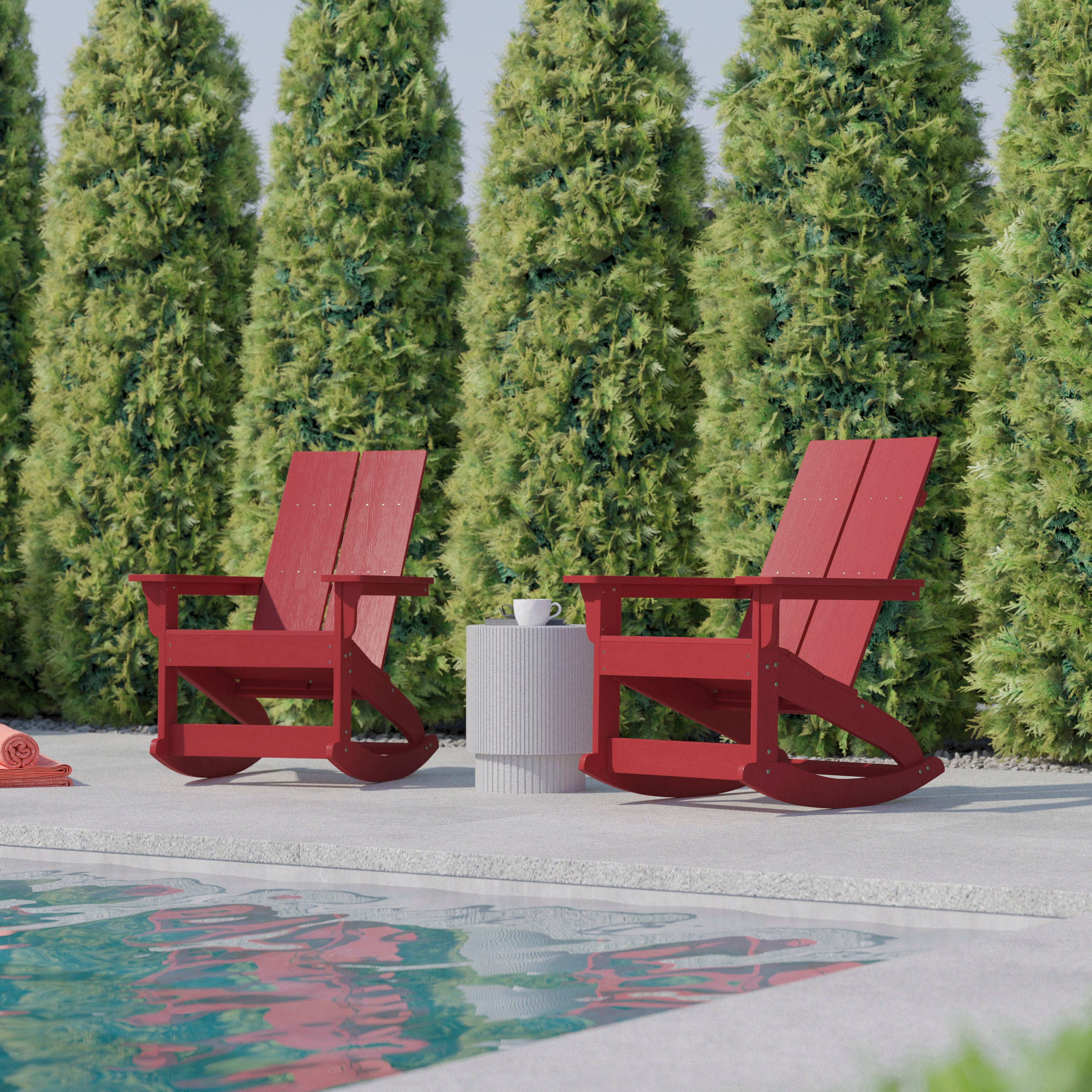 Finn Modern Commercial Poly Resin Wood Adirondack Rocking Chair - All Weather Red Polystyrene - Dual Slat Back - Stainless Steel Hardware - Set of 2