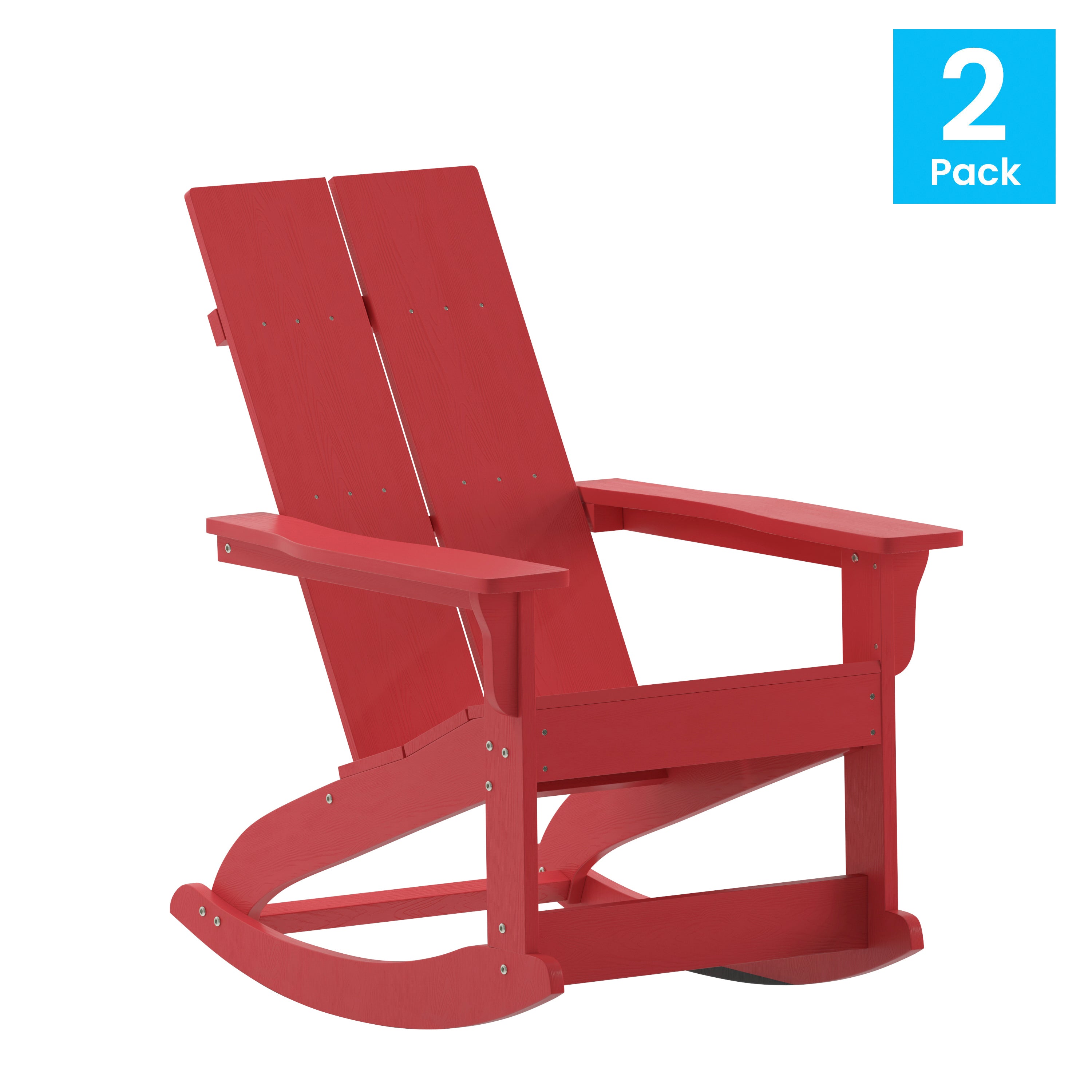 Finn Modern Commercial Poly Resin Wood Adirondack Rocking Chair - All Weather Red Polystyrene - Dual Slat Back - Stainless Steel Hardware - Set of 2