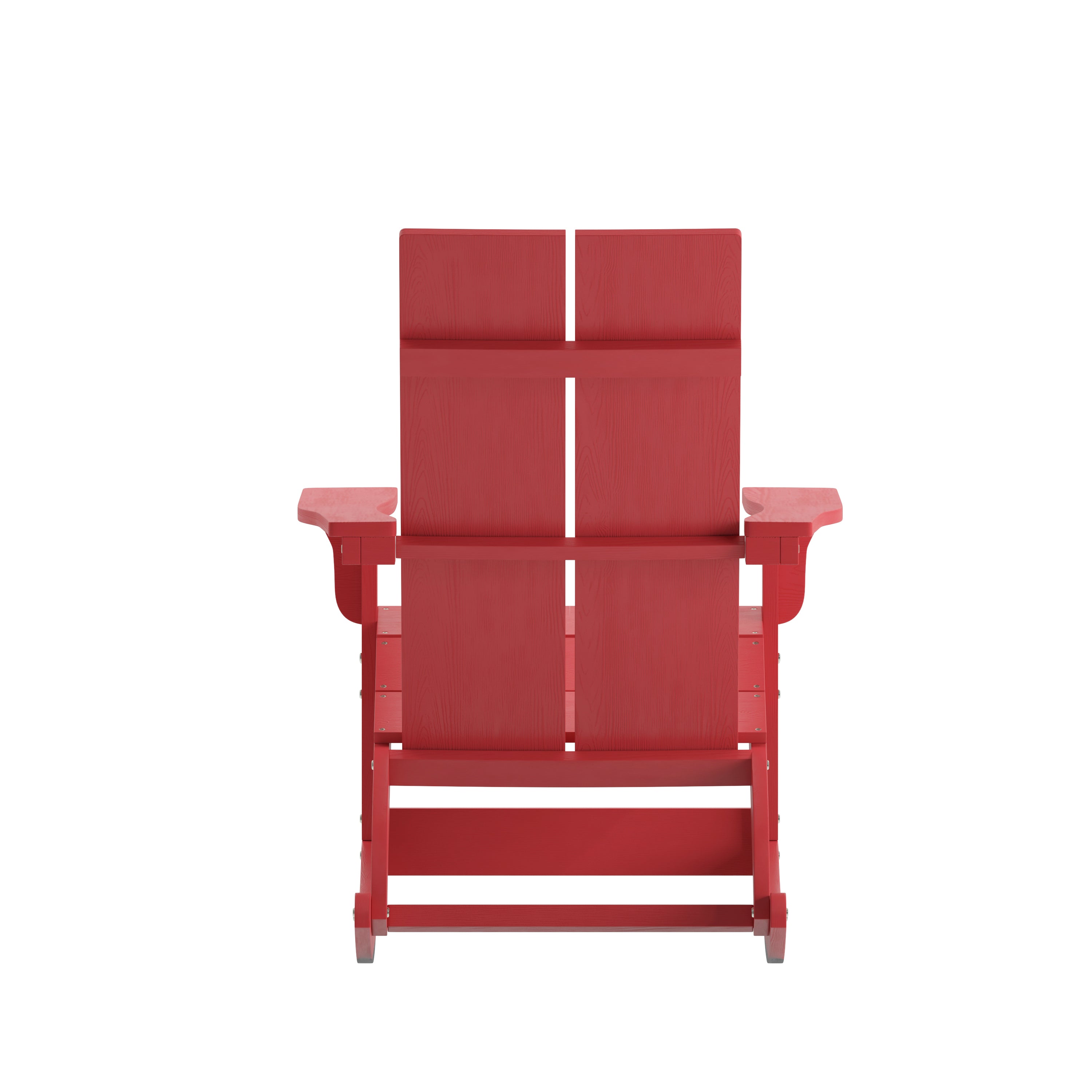 Finn Modern Commercial Grade Poly Resin Wood Adirondack Rocking Chair - All Weather Red Polystyrene - Dual Slat Back - Stainless Steel Hardware