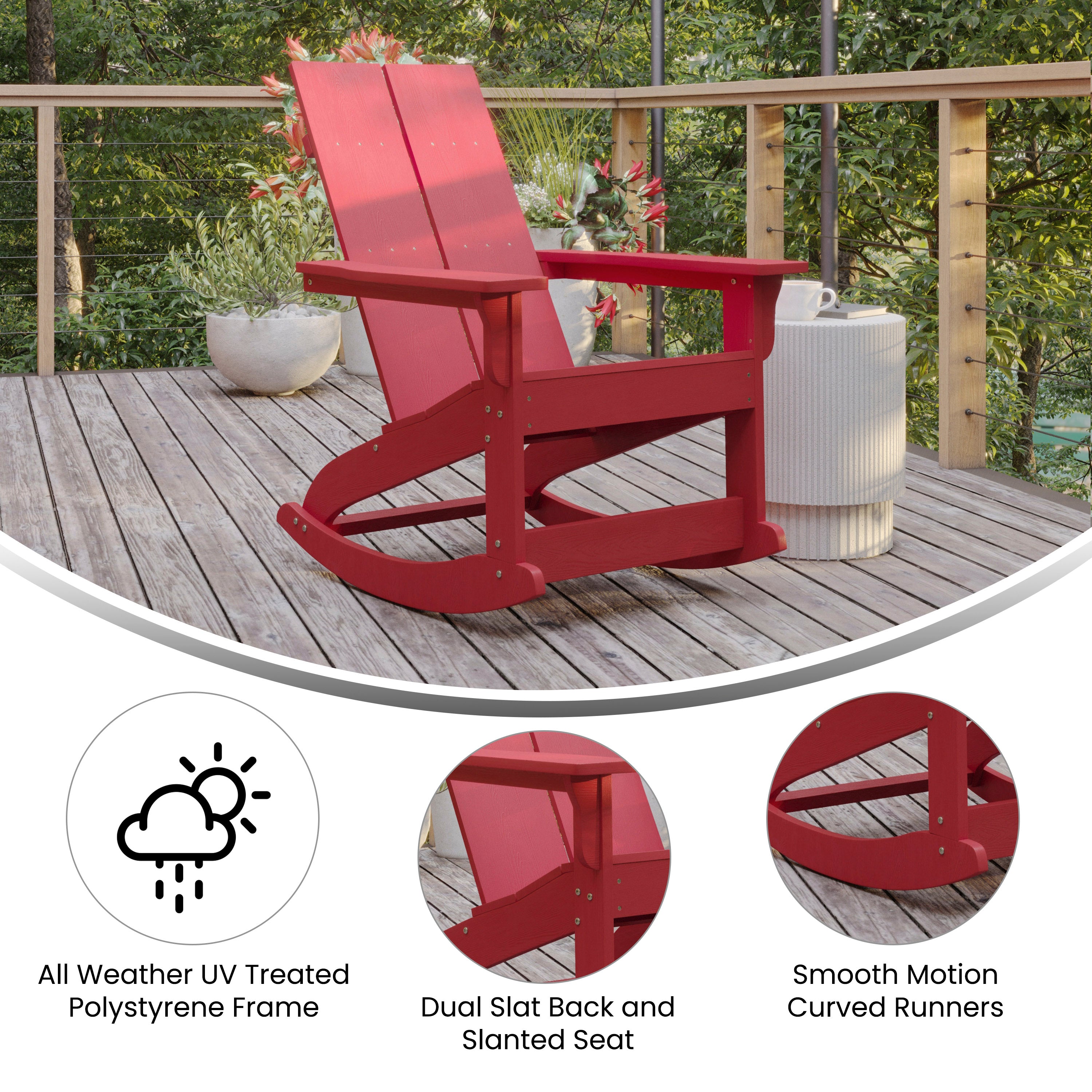 Finn Modern Commercial Grade Poly Resin Wood Adirondack Rocking Chair - All Weather Red Polystyrene - Dual Slat Back - Stainless Steel Hardware