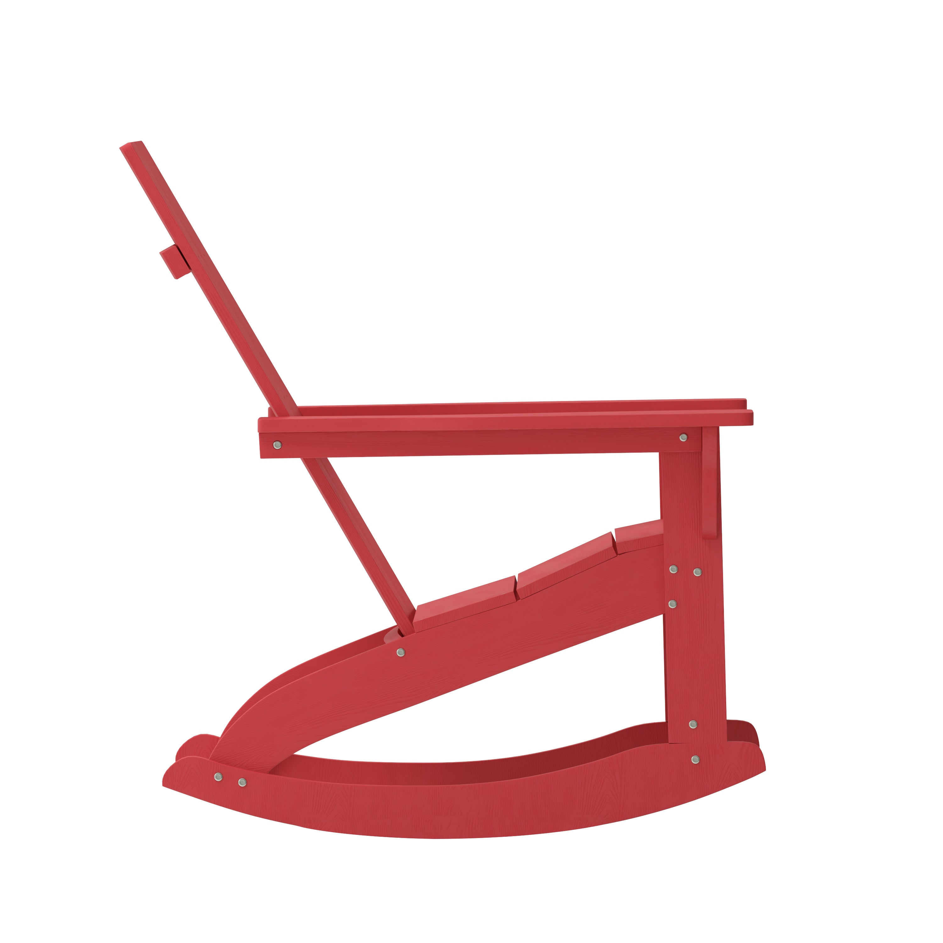 Finn Modern Commercial Grade Poly Resin Wood Adirondack Rocking Chair - All Weather Red Polystyrene - Dual Slat Back - Stainless Steel Hardware