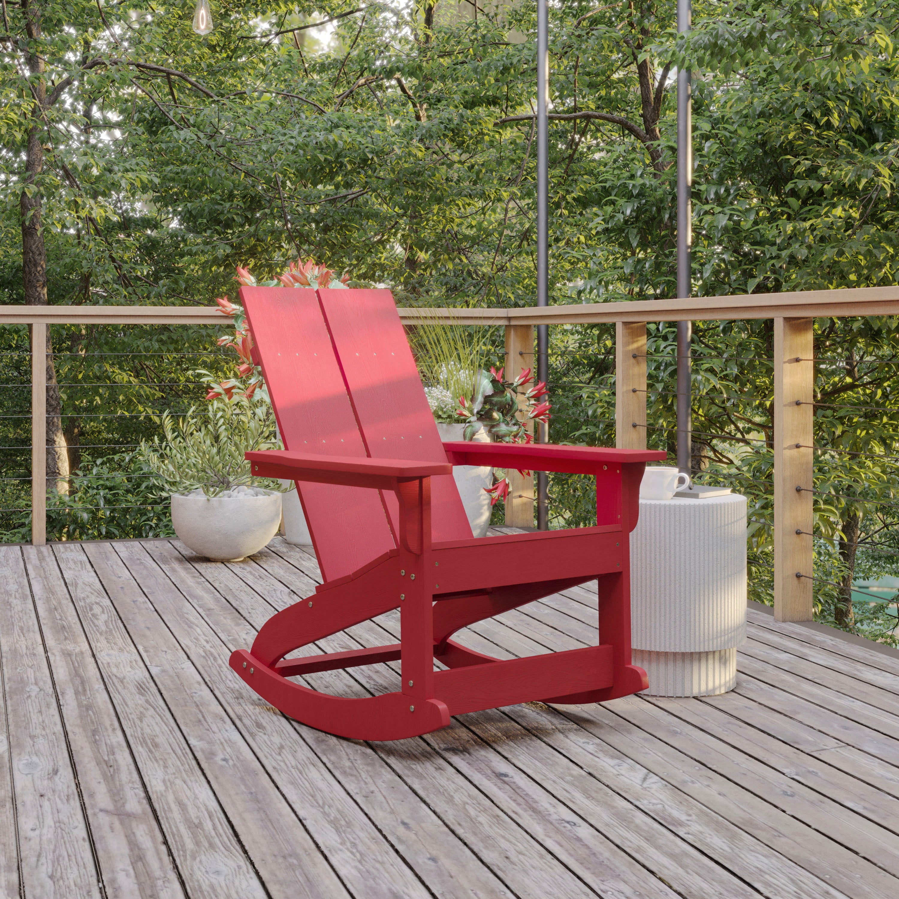 Finn Modern Commercial Grade Poly Resin Wood Adirondack Rocking Chair - All Weather Red Polystyrene - Dual Slat Back - Stainless Steel Hardware