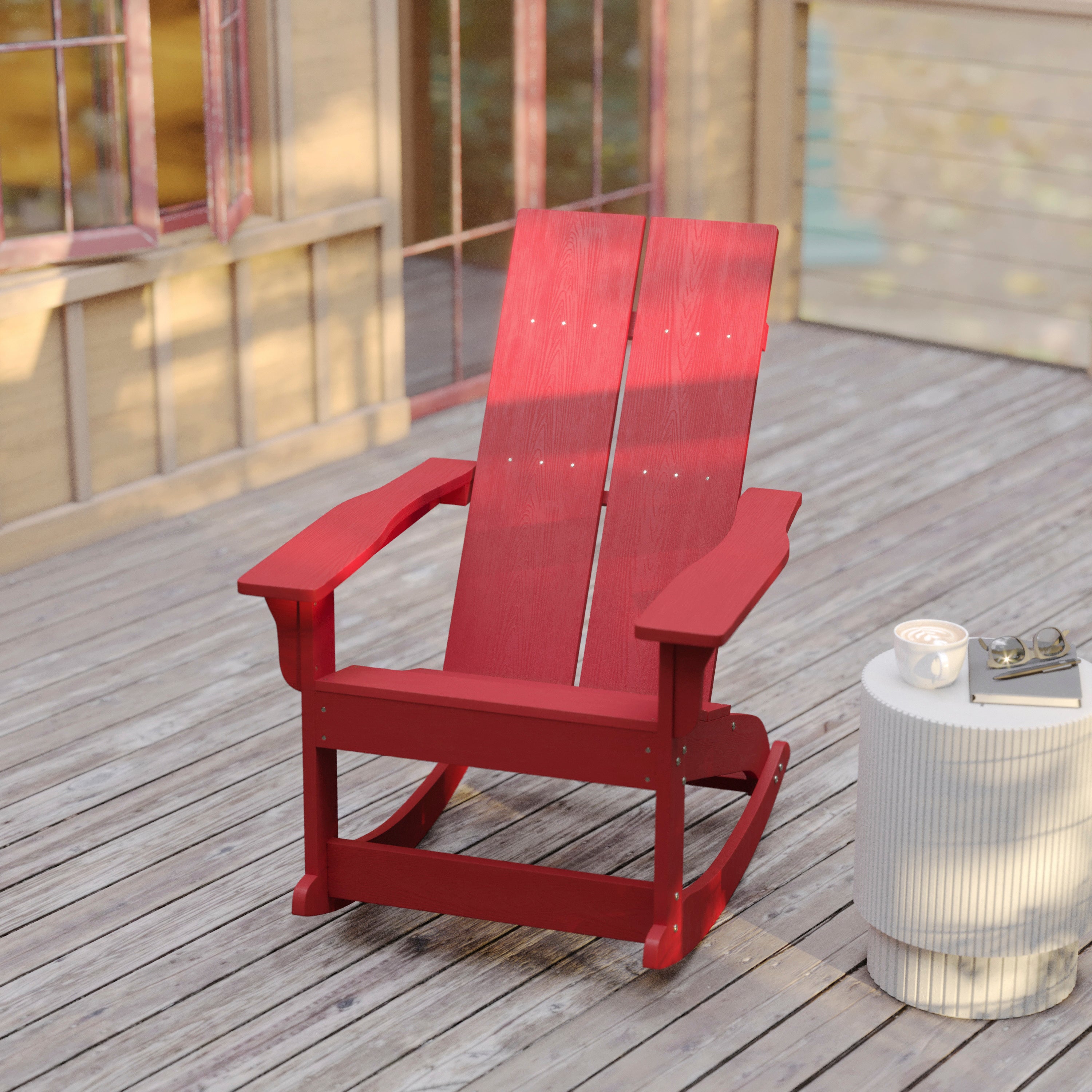 Finn Modern Commercial Grade Poly Resin Wood Adirondack Rocking Chair - All Weather Red Polystyrene - Dual Slat Back - Stainless Steel Hardware