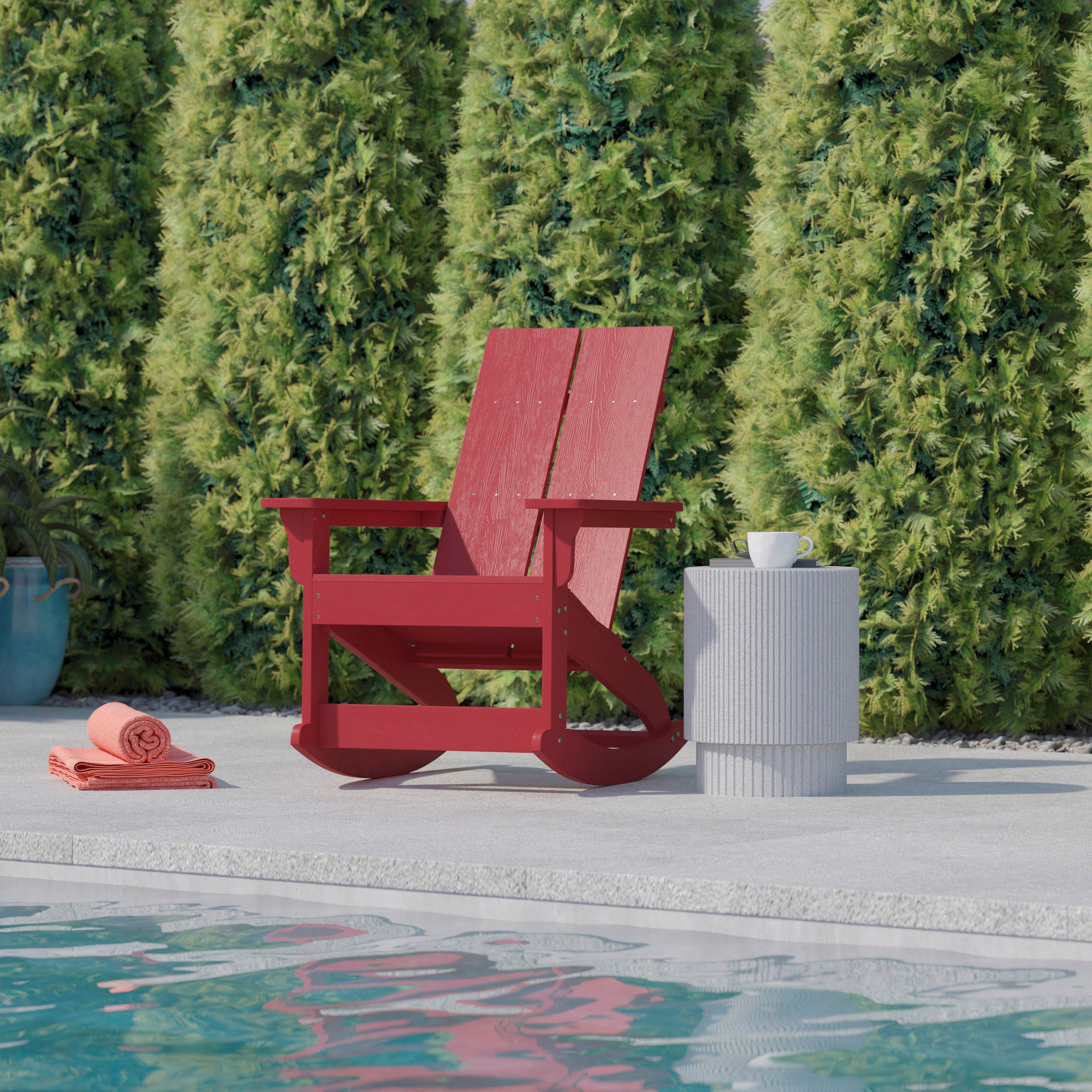 Finn Modern Commercial Grade Poly Resin Wood Adirondack Rocking Chair - All Weather Red Polystyrene - Dual Slat Back - Stainless Steel Hardware