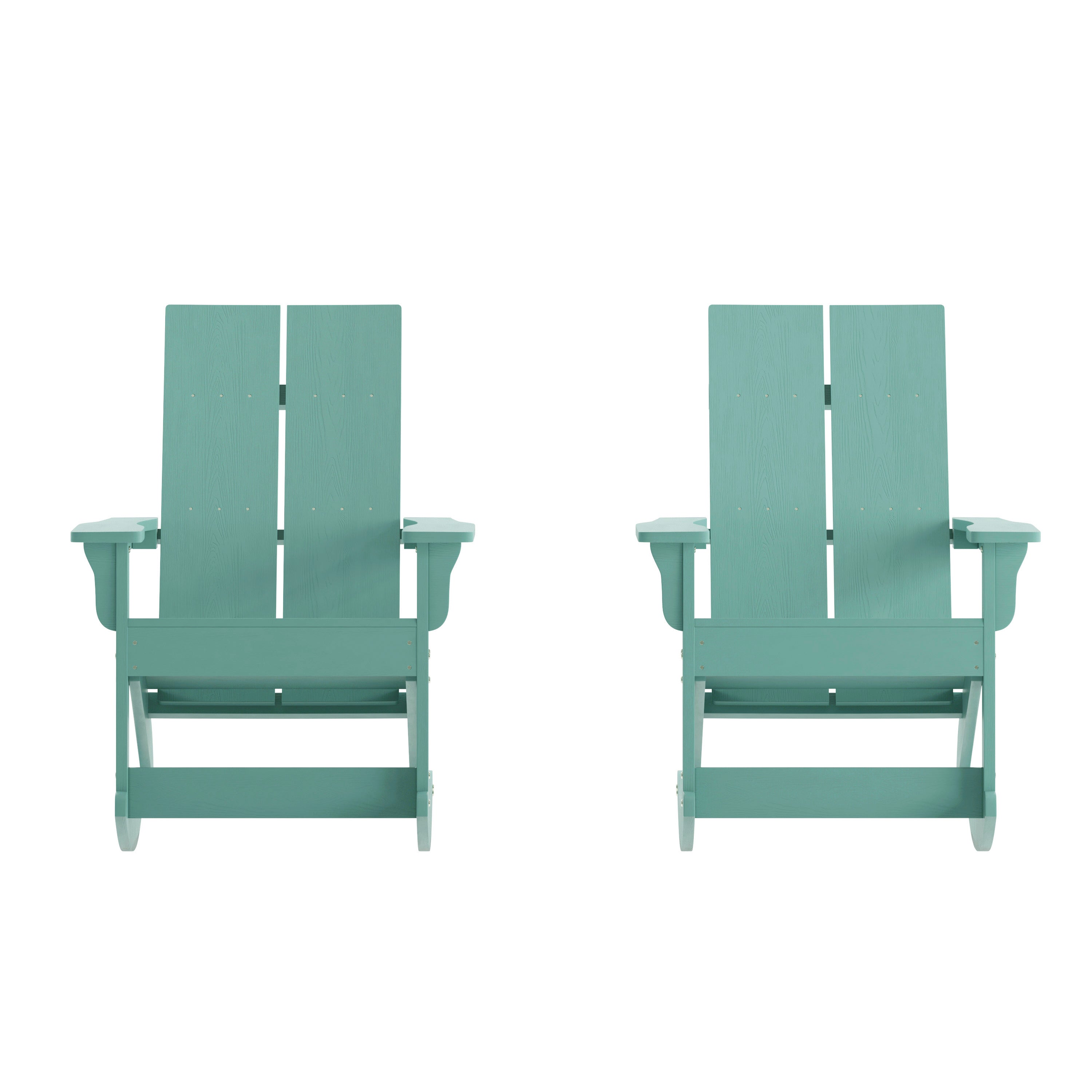 Finn Modern Commercial Poly Resin Wood Adirondack Rocking Chair - All Weather Sea Foam Polystyrene - Dual Slat Back - Stainless Steel Hardware - Set of 2