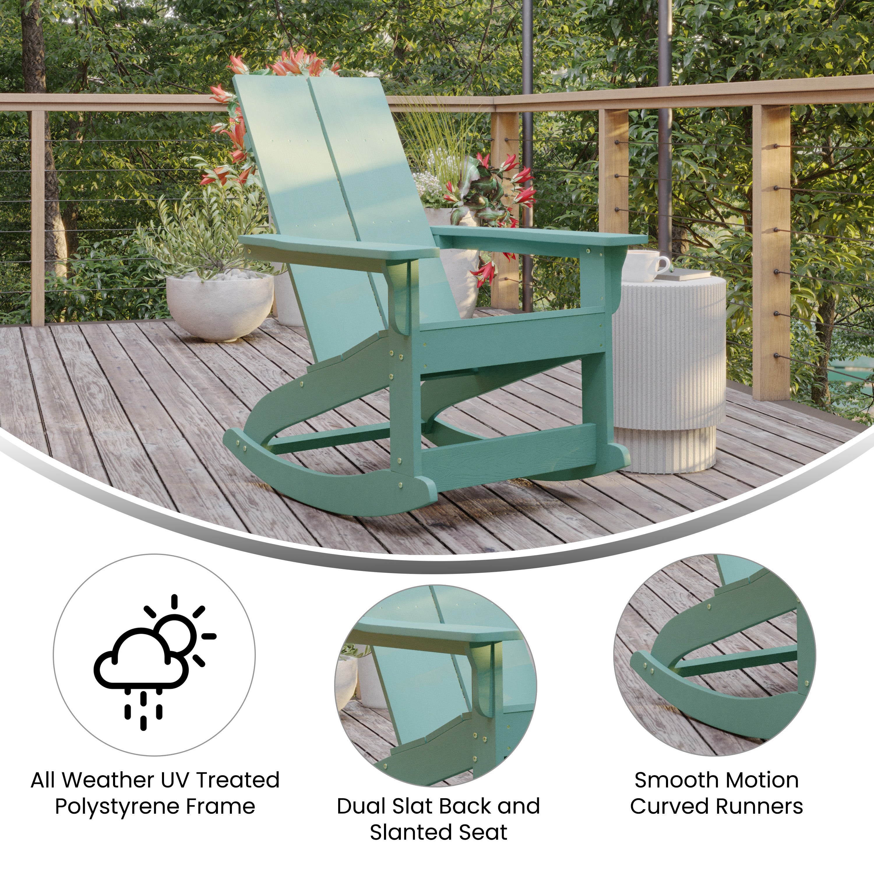 Finn Modern Commercial Poly Resin Wood Adirondack Rocking Chair - All Weather Sea Foam Polystyrene - Dual Slat Back - Stainless Steel Hardware - Set of 2