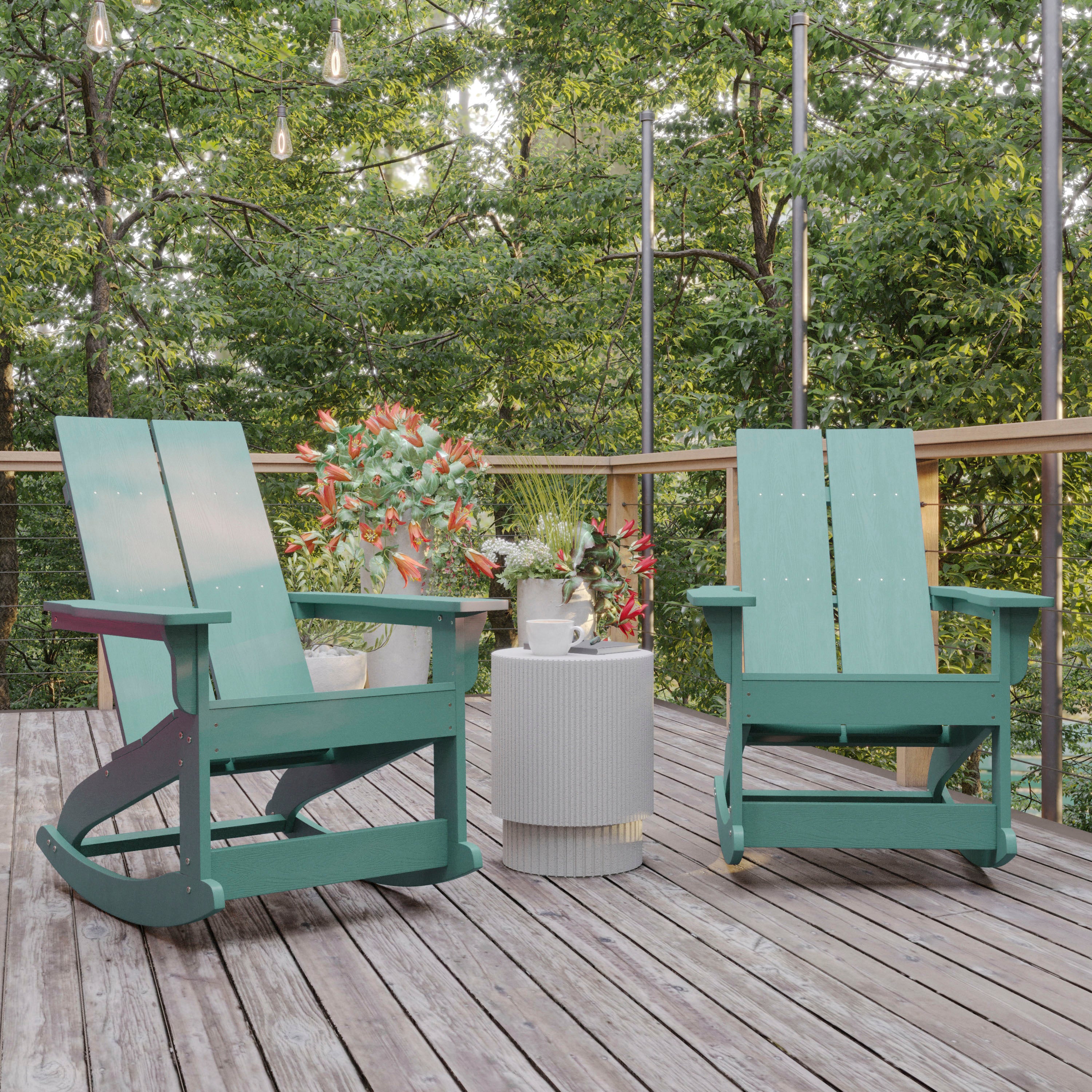Finn Modern Commercial Poly Resin Wood Adirondack Rocking Chair - All Weather Sea Foam Polystyrene - Dual Slat Back - Stainless Steel Hardware - Set of 2