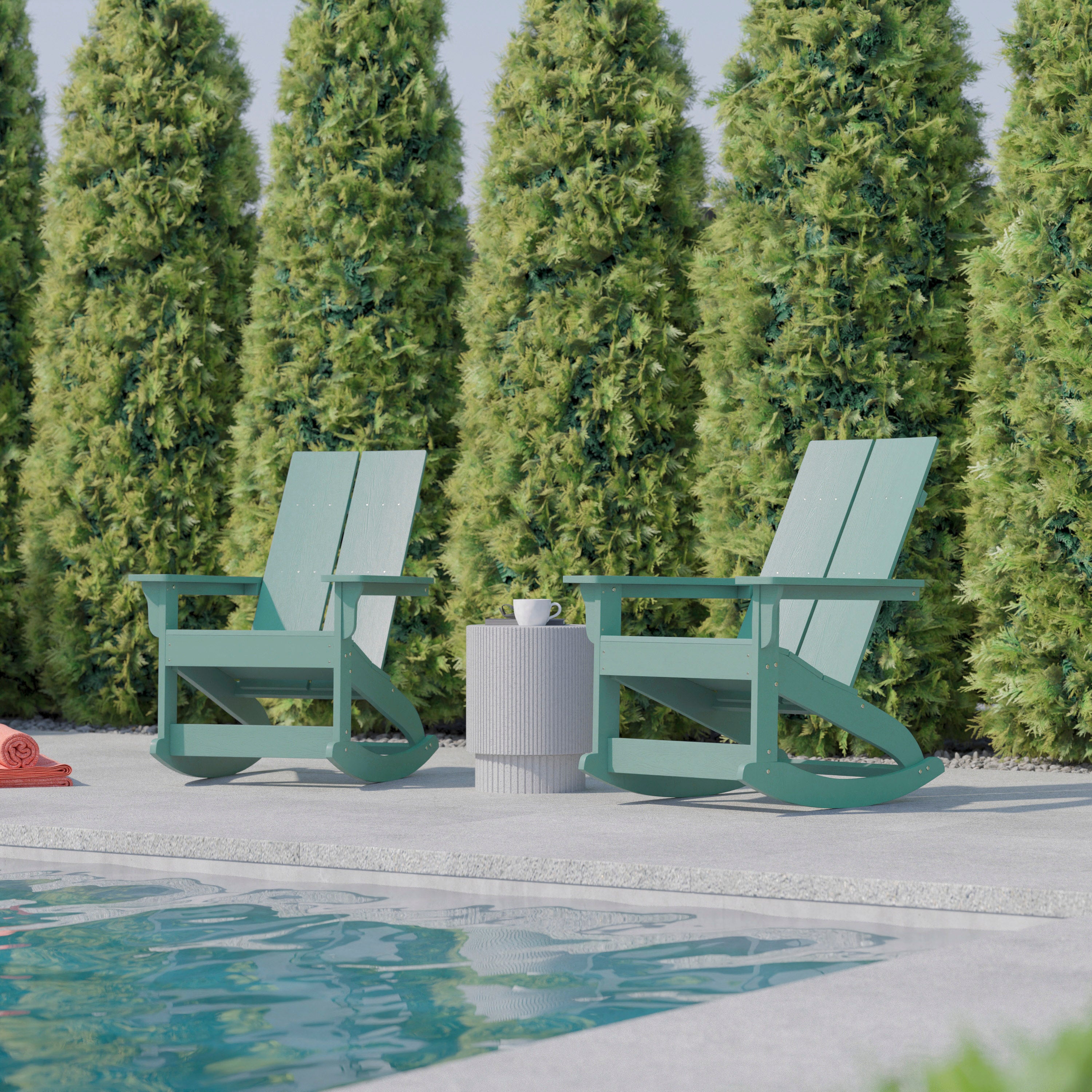 Finn Modern Commercial Poly Resin Wood Adirondack Rocking Chair - All Weather Sea Foam Polystyrene - Dual Slat Back - Stainless Steel Hardware - Set of 2