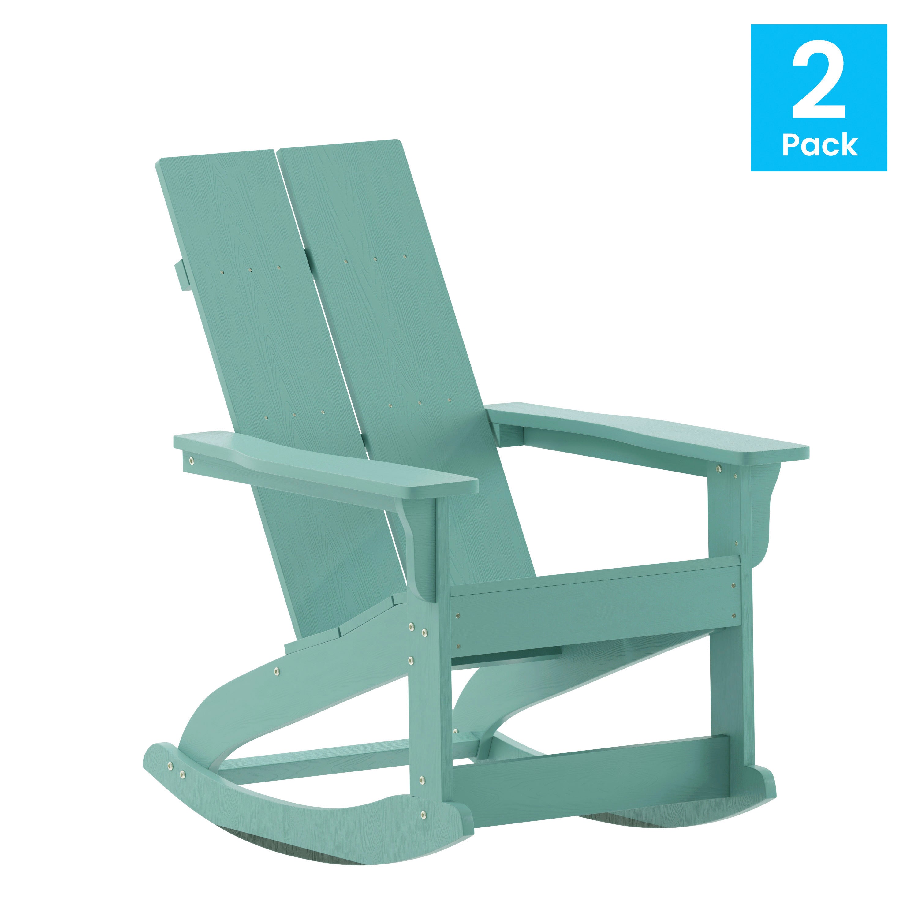Finn Modern Commercial Poly Resin Wood Adirondack Rocking Chair - All Weather Sea Foam Polystyrene - Dual Slat Back - Stainless Steel Hardware - Set of 2