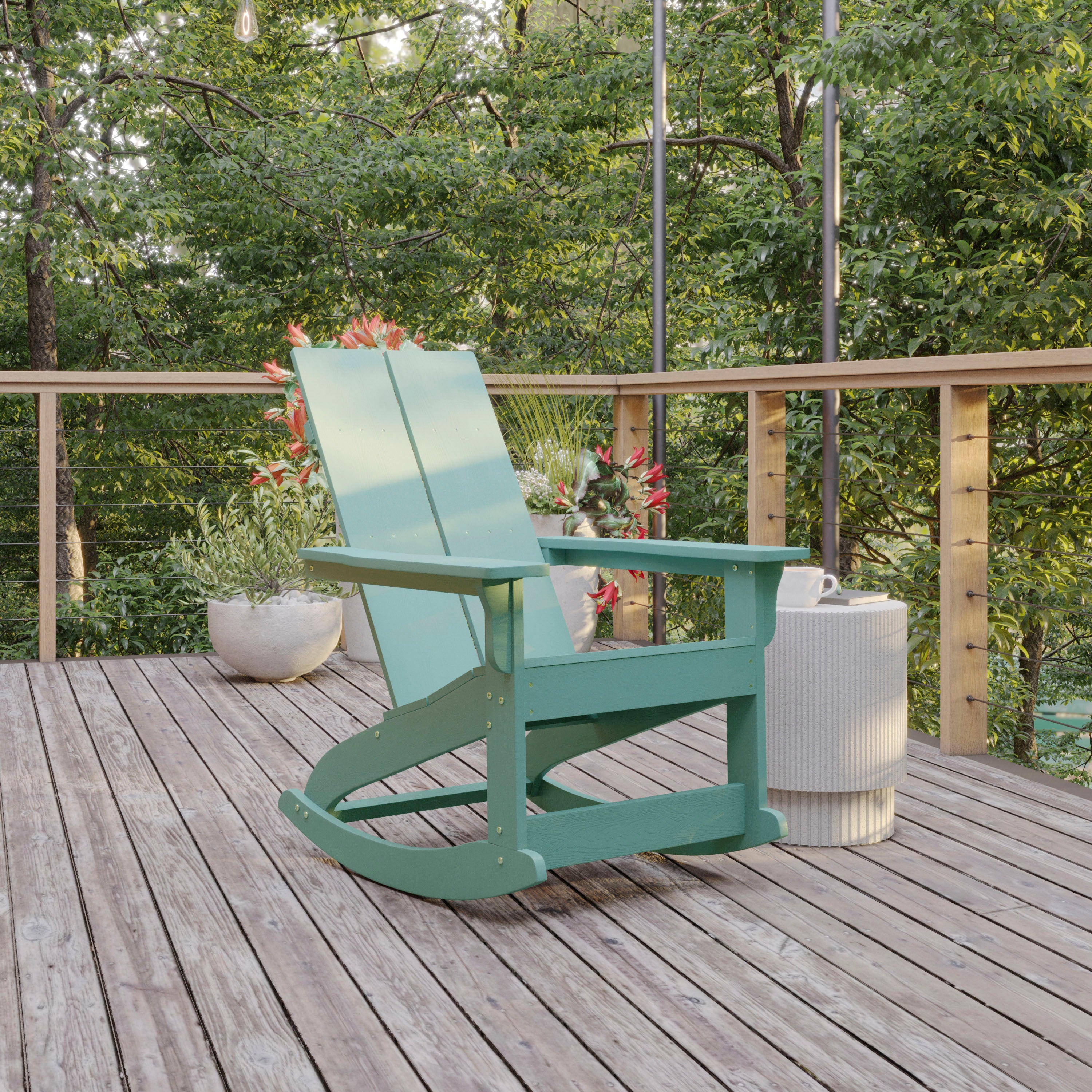 Finn Modern Commercial Grade Poly Resin Wood Adirondack Rocking Chair - All Weather Sea Foam Polystyrene - Dual Slat Back - Stainless Steel Hardware