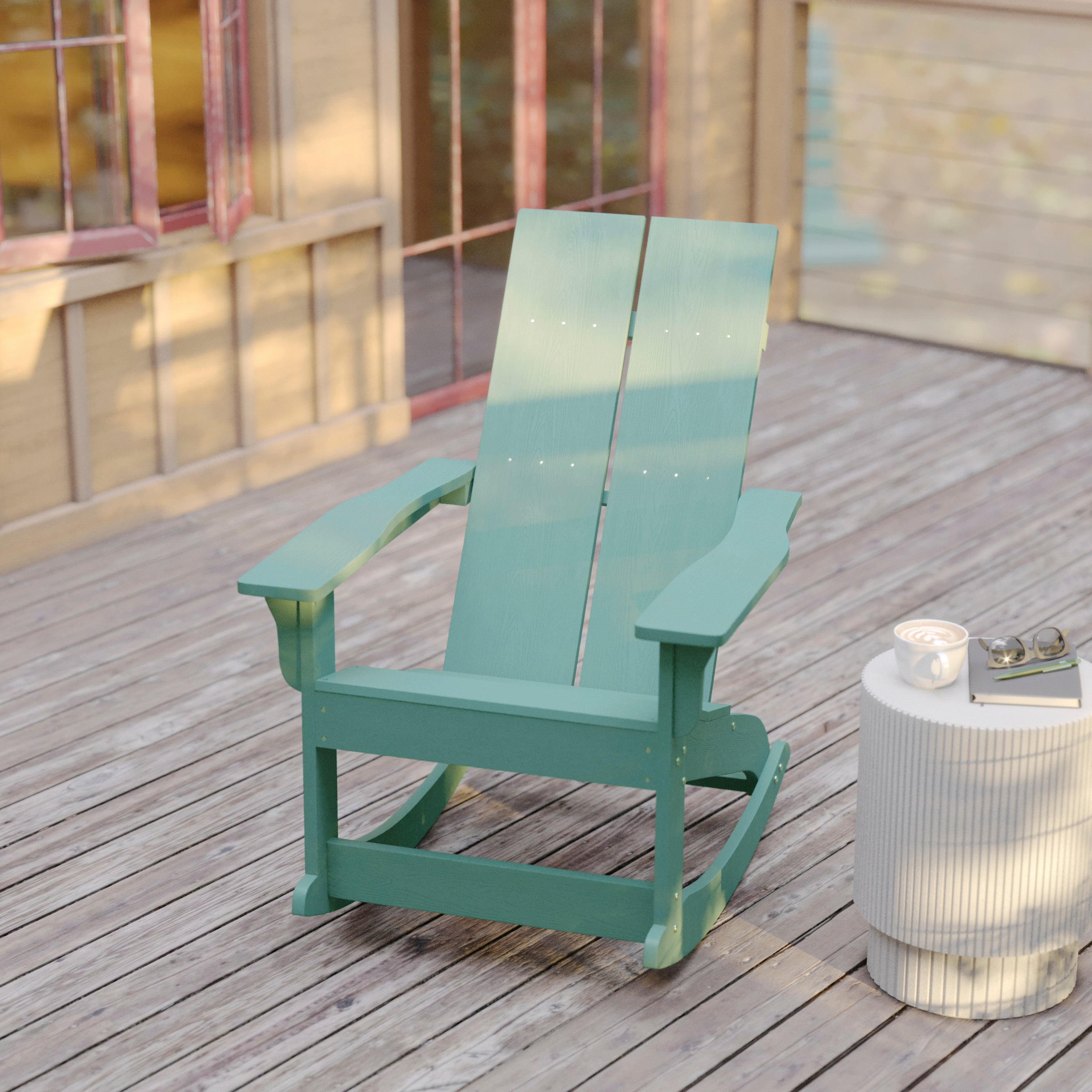 Finn Modern Commercial Grade Poly Resin Wood Adirondack Rocking Chair - All Weather Sea Foam Polystyrene - Dual Slat Back - Stainless Steel Hardware