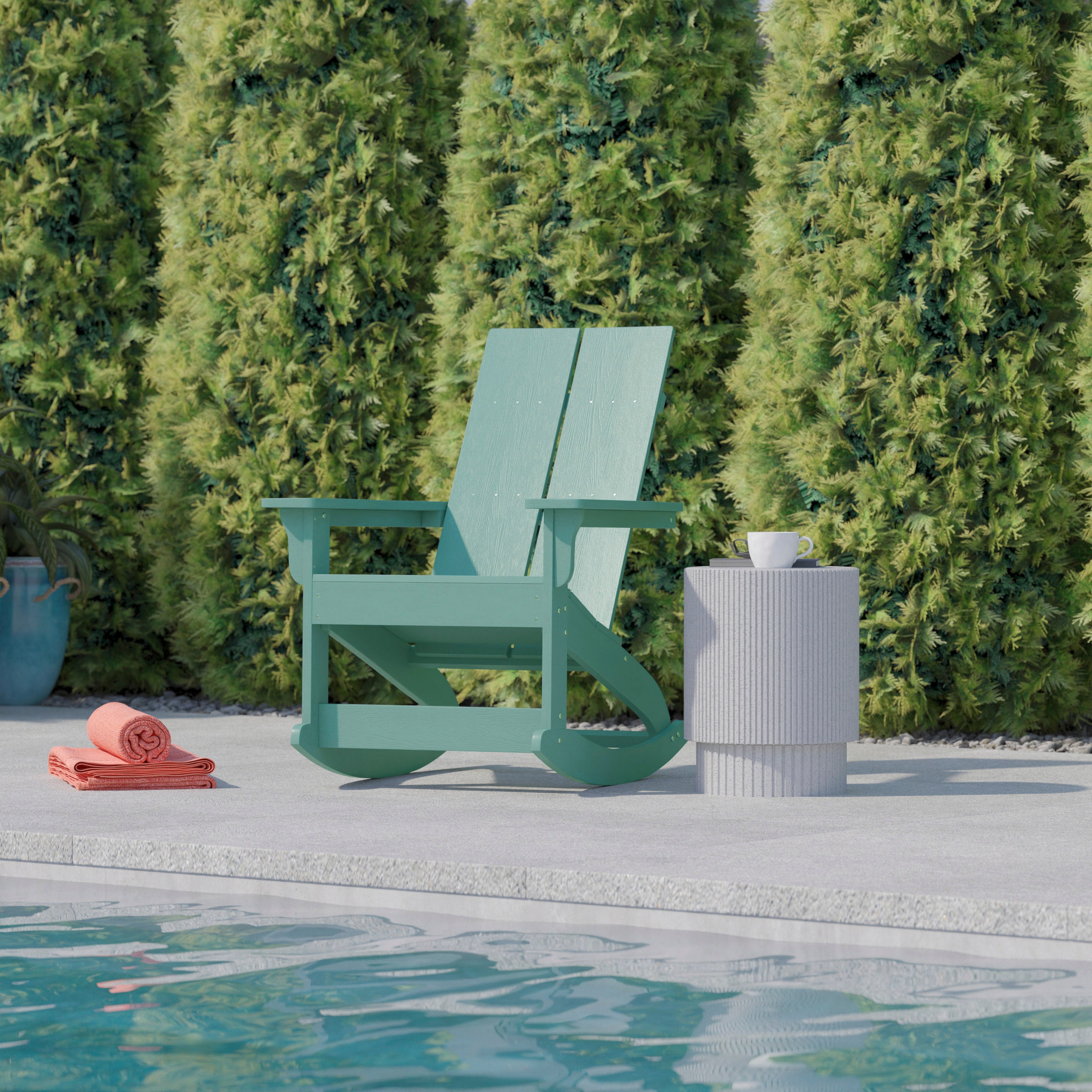 Finn Modern Commercial Grade Poly Resin Wood Adirondack Rocking Chair - All Weather Sea Foam Polystyrene - Dual Slat Back - Stainless Steel Hardware