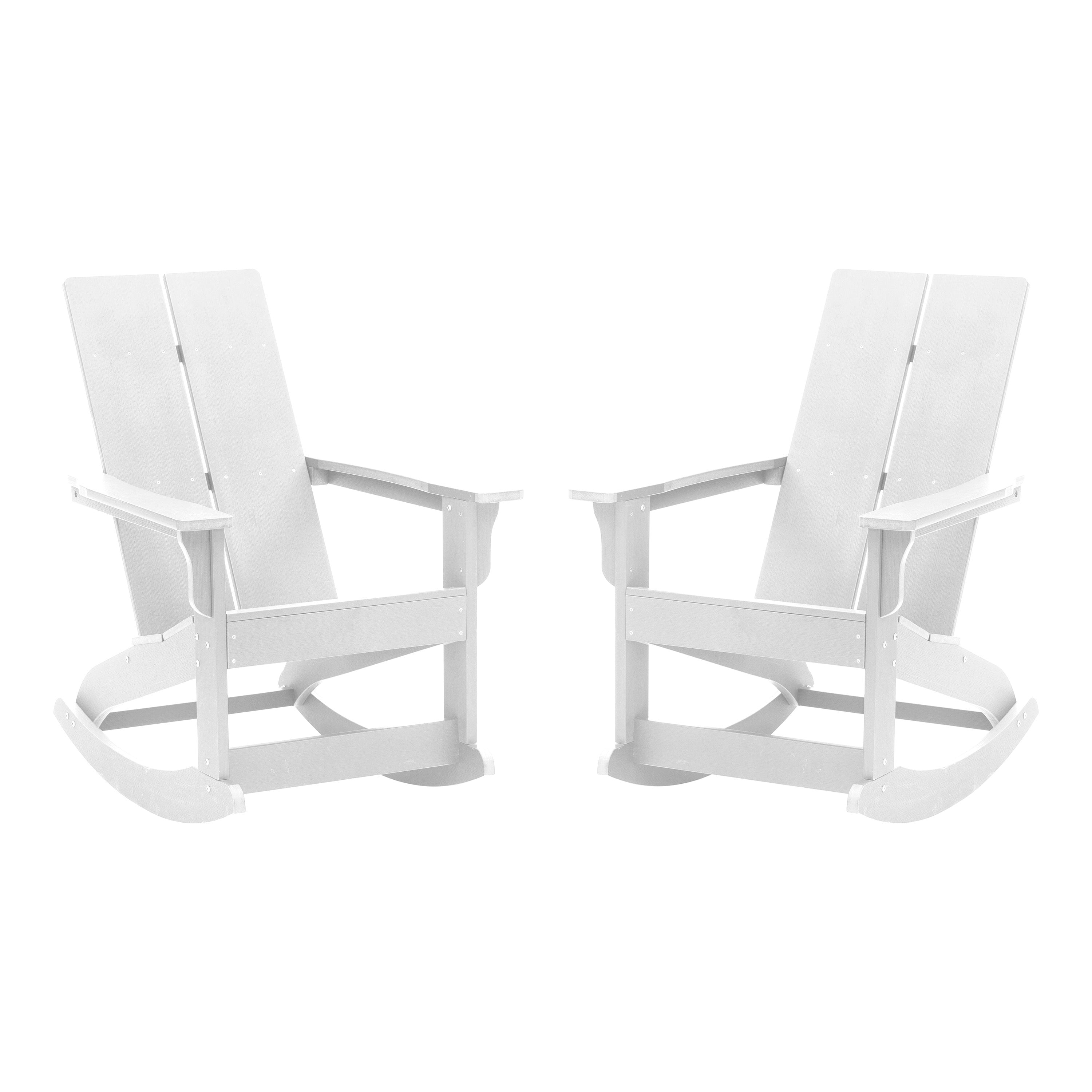 Finn Modern Commercial Grade All-Weather 2-Slat Poly Resin Rocking Adirondack Chair with Rust Resistant Stainless Steel Hardware in White - Set of2