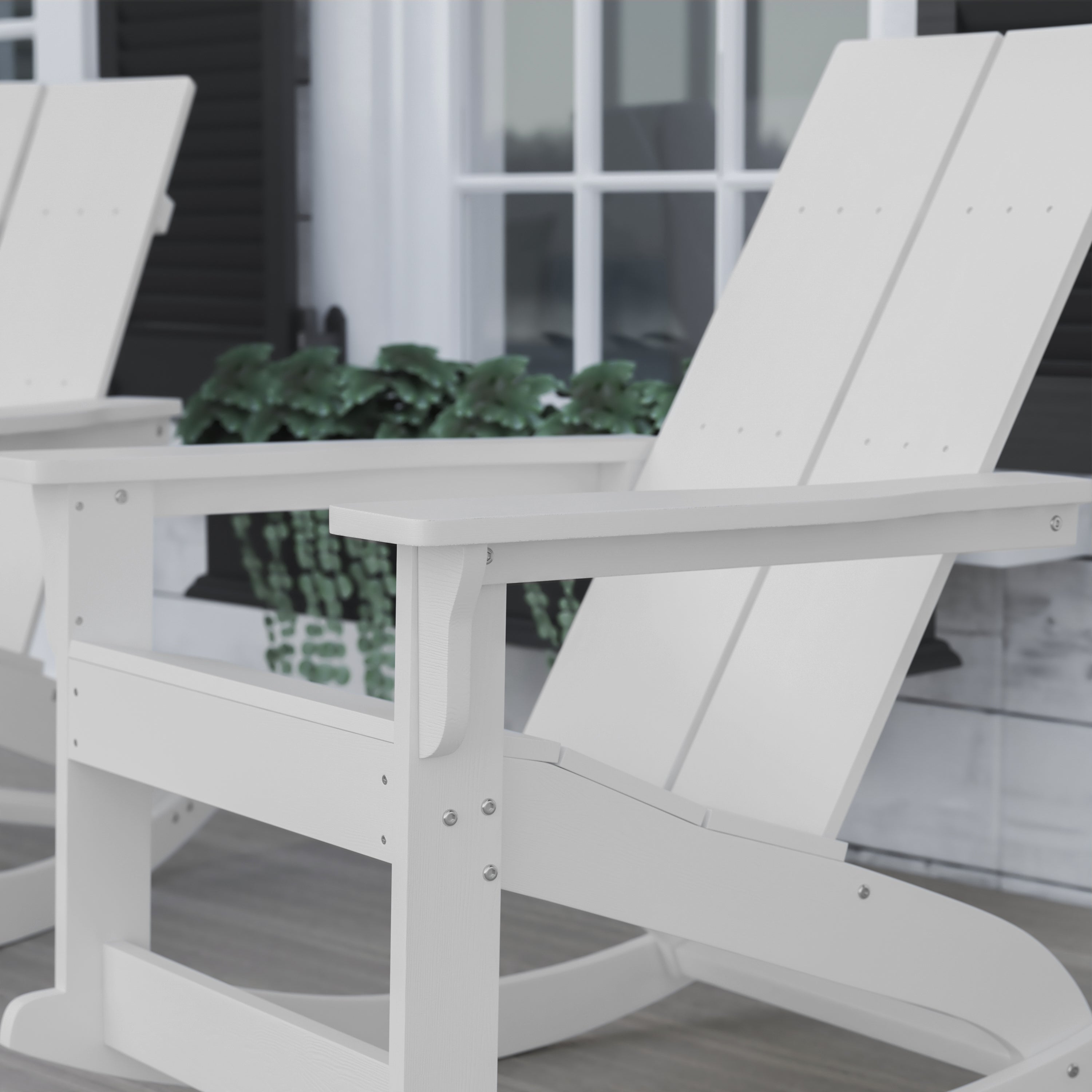 Finn Modern Commercial Grade All-Weather 2-Slat Poly Resin Rocking Adirondack Chair with Rust Resistant Stainless Steel Hardware in White - Set of2