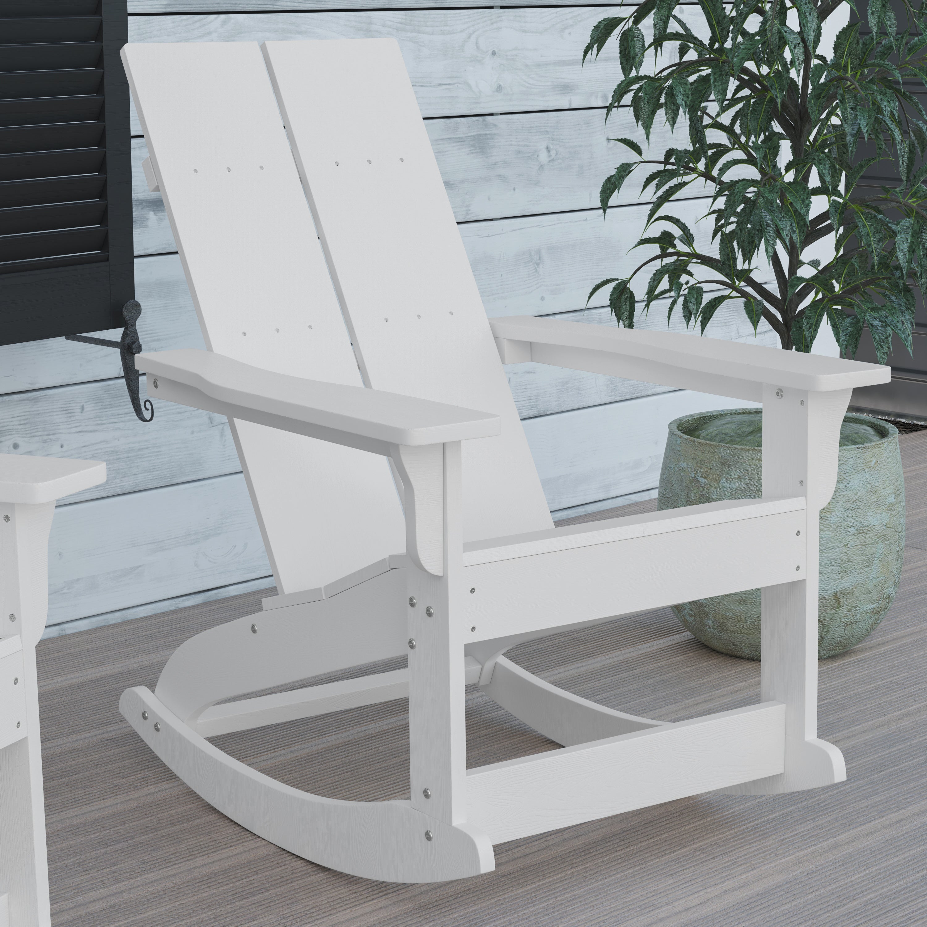 Finn Modern Commercial Grade All-Weather 2-Slat Poly Resin Rocking Adirondack Chair with Rust Resistant Stainless Steel Hardware in White - Set of2
