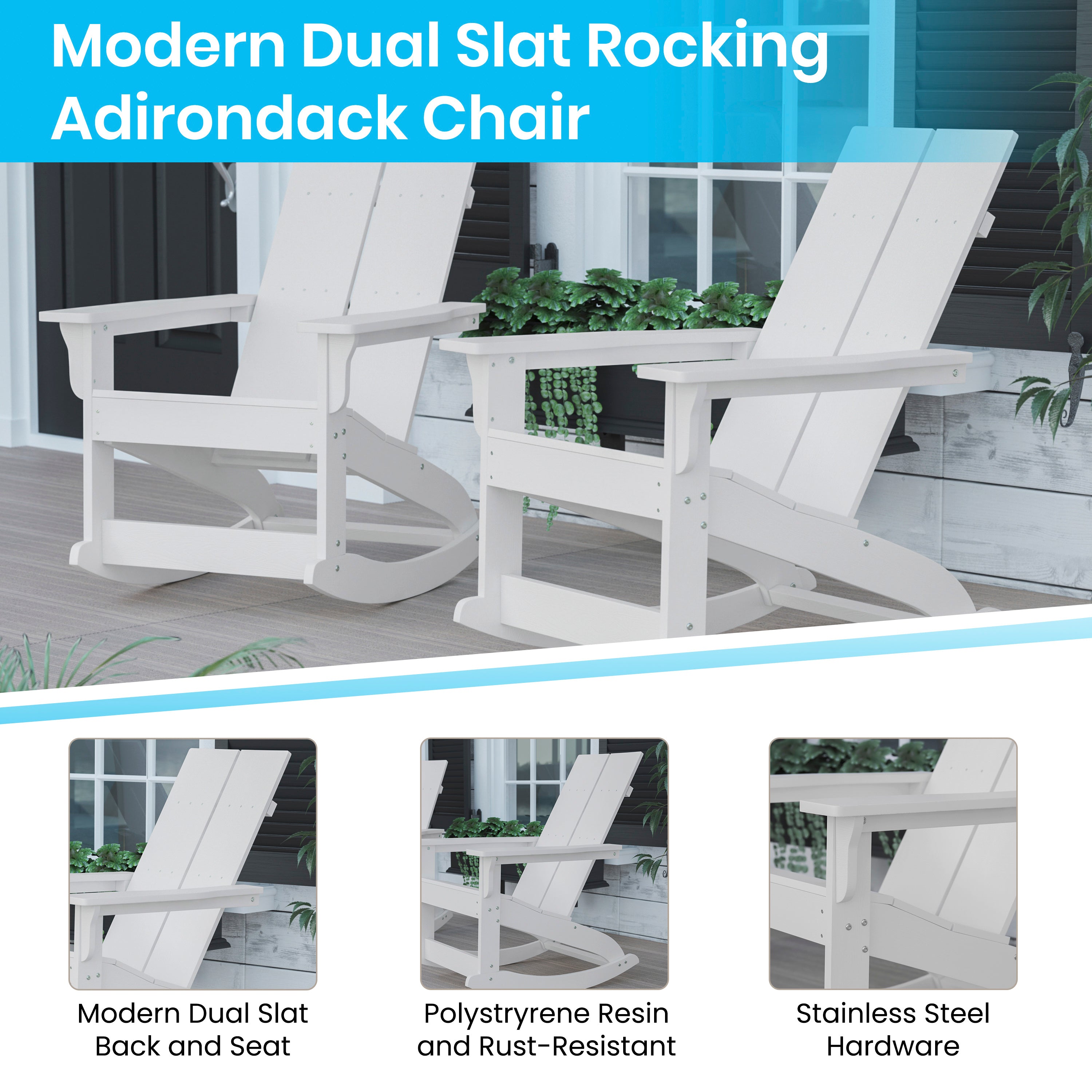 Finn Modern Commercial Grade All-Weather 2-Slat Poly Resin Wood Rocking Adirondack Chair with Rust Resistant Stainless Steel Hardware in White