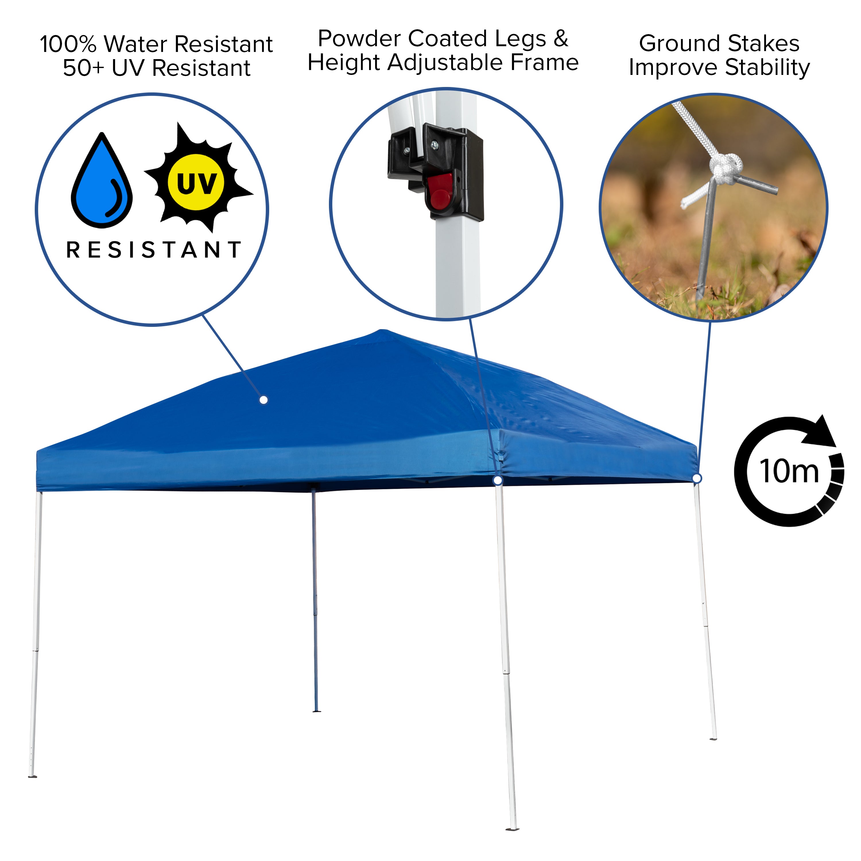Otis Portable Tailgate/Event Tent Set - 10'x10' Blue Pop Up Canopy Tent, 6-Foot Bi-Fold Table, Set of 4 White Folding Chairs