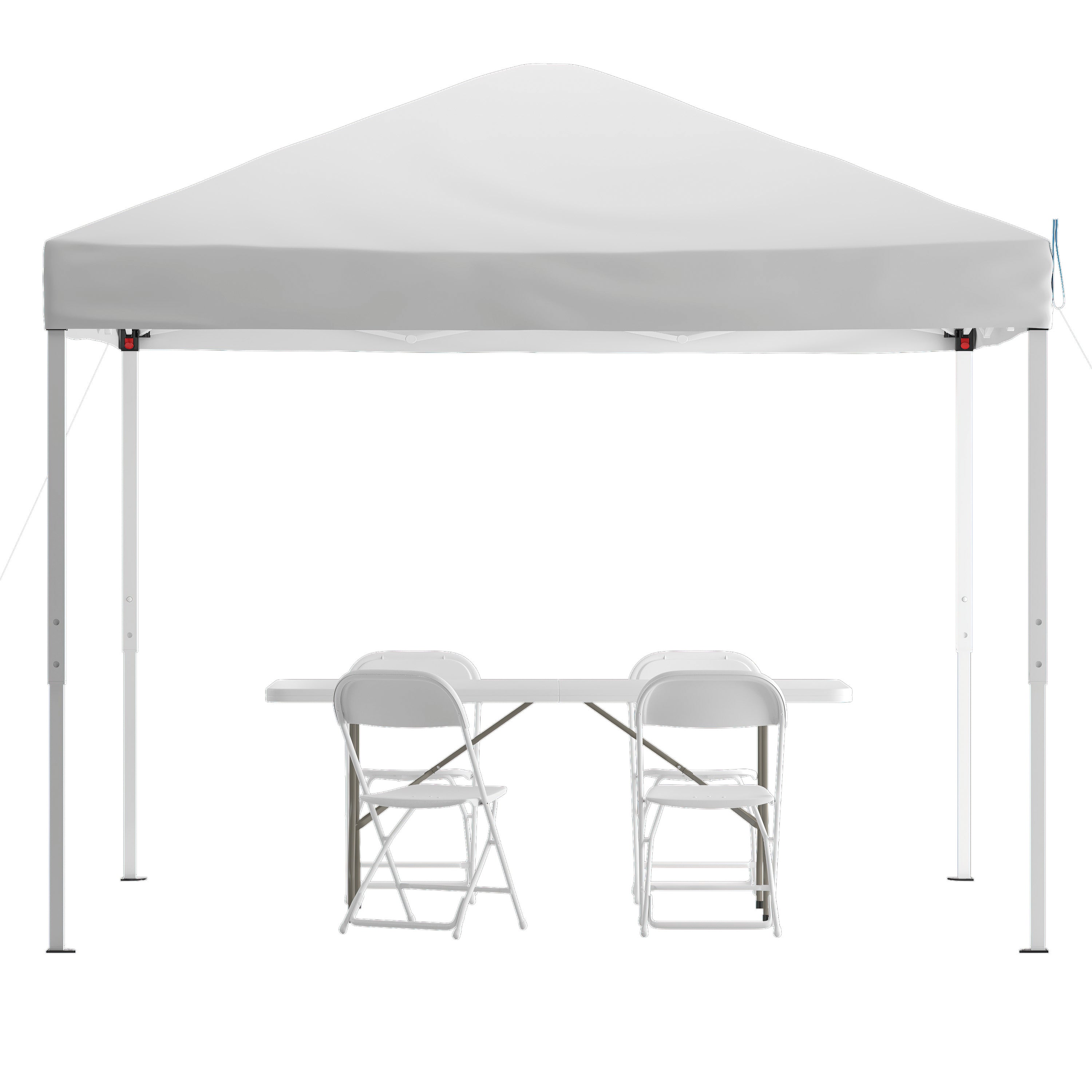 Otis Portable Tailgate/Event Tent Set - 10'x10' White Pop Up Canopy Tent, 6-Foot Bi-Fold Table, Set of 4 White Folding Chairs