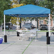 Otis Portable Tailgate/Event Tent Set-10'x10' Wheeled Blue Pop Up Canopy Tent, 6-Foot Bi-Fold Table, 4 White Folding Chairs