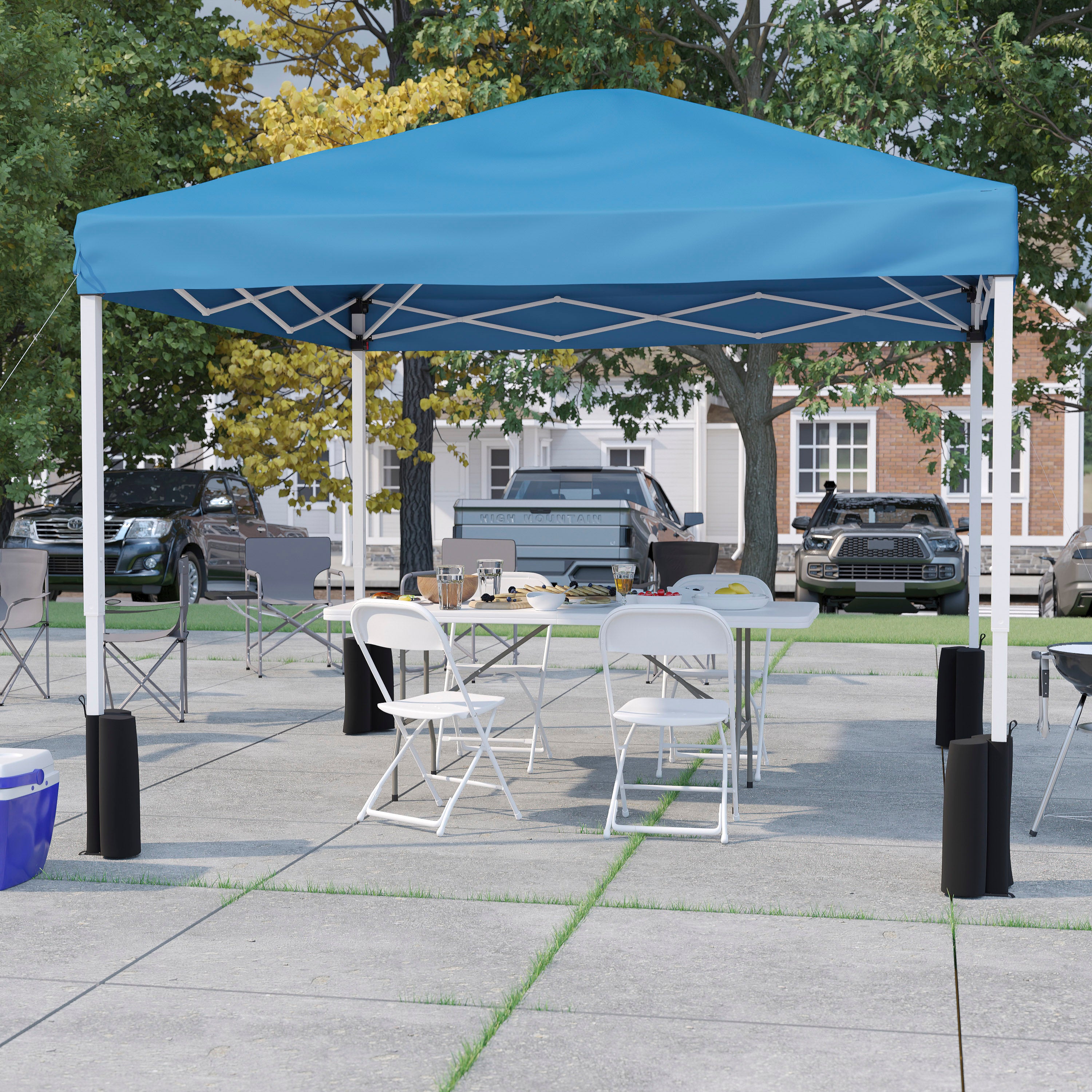 Otis Portable Tailgate/Event Tent Set-10'x10' Wheeled Blue Pop Up Canopy Tent, 6-Foot Bi-Fold Table, 4 White Folding Chairs